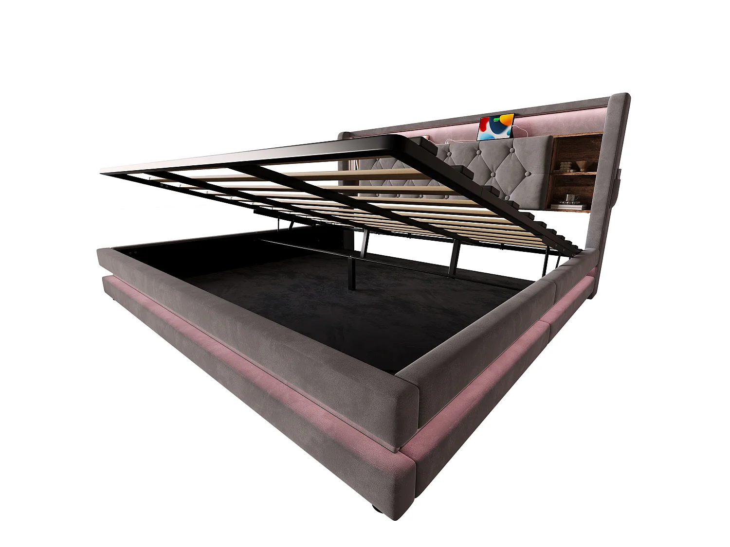 Letto contenitore 180x200 cm in velluto grigio scuro, testiera LED con porte USB, scaffali aperti, materasso non incluso