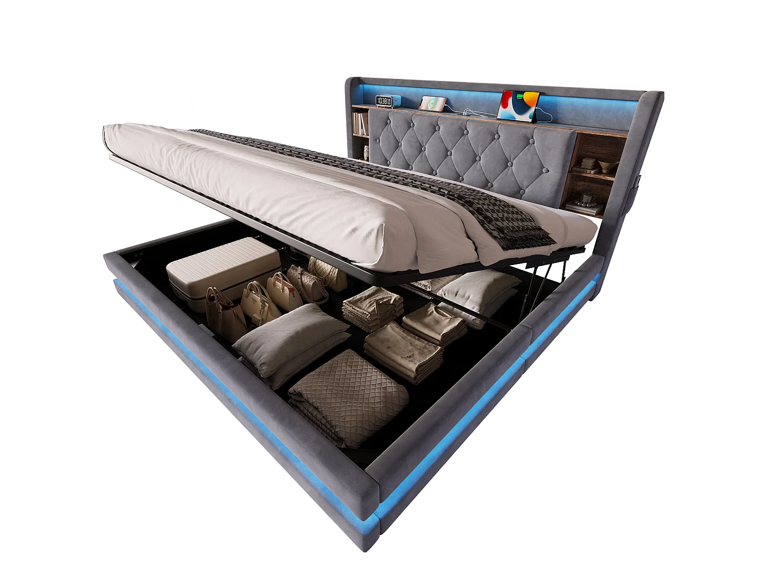 Letto contenitore 180x200 cm in velluto grigio scuro, testiera LED con porte USB, scaffali aperti, materasso non incluso