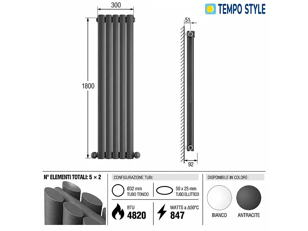 Tempo Style - Radiateur vertical 1800x300 mm | 847 W | Radiateur décoratif 4820 BTU, 5 x 2 éléments - Anthracite