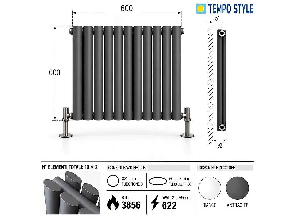 Tempo Style - Radiateur 600x600 mm | 622 W | Radiateur décoratif 3856 BTU, 10x2 éléments - Anthracite