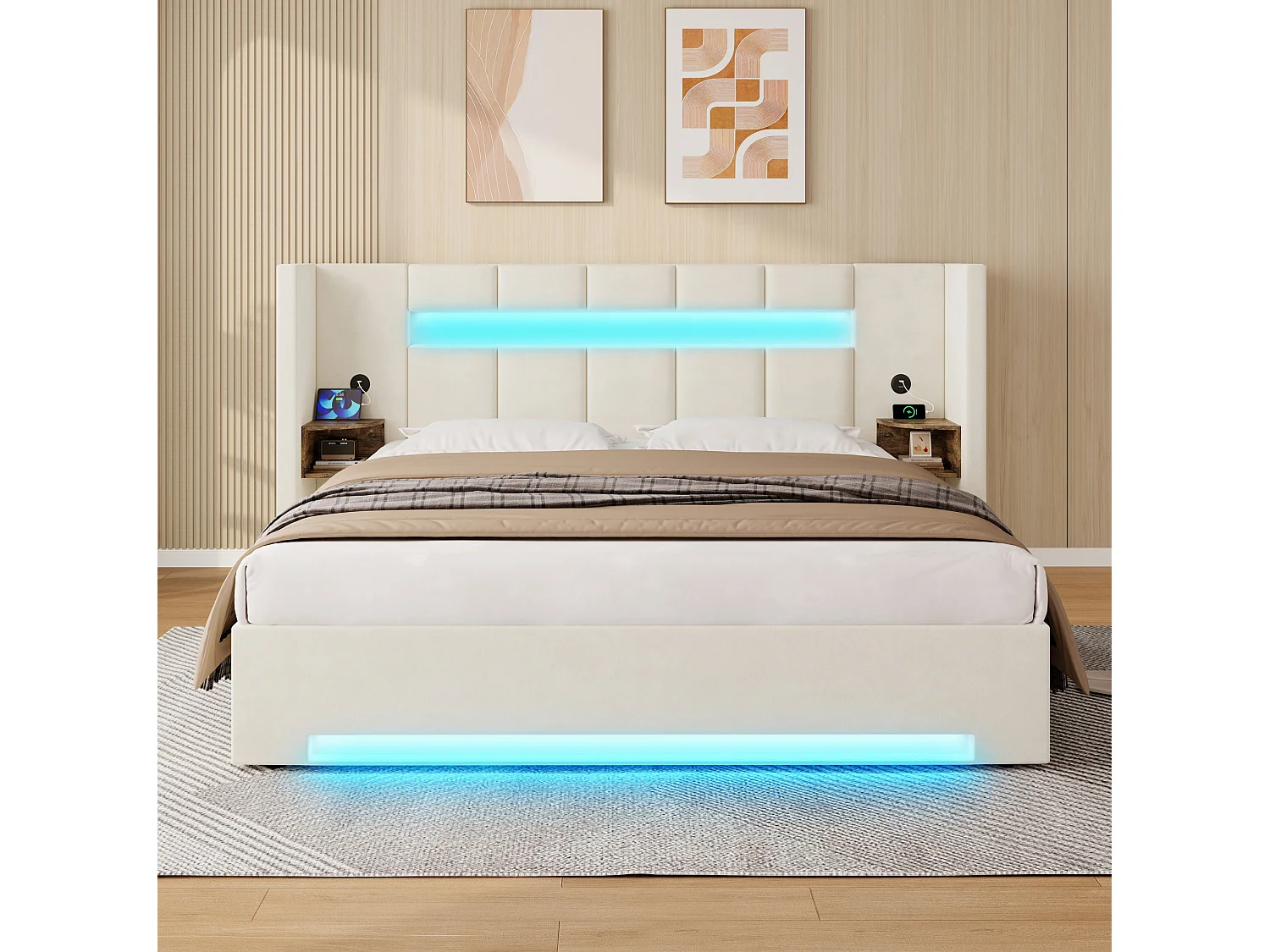 Bettkastenbett 160x200 cm aus beigem Velours, Kopfteil mit LED, Nachttisch und 2 USB-Anschlüssen, ohne Matratze