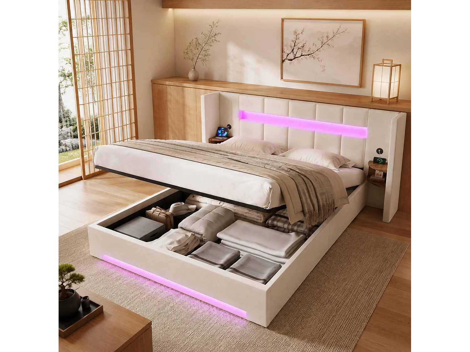 Bettkastenbett 160x200 cm aus beigem Velours, Kopfteil mit LED, Nachttisch und 2 USB-Anschlüssen, ohne Matratze