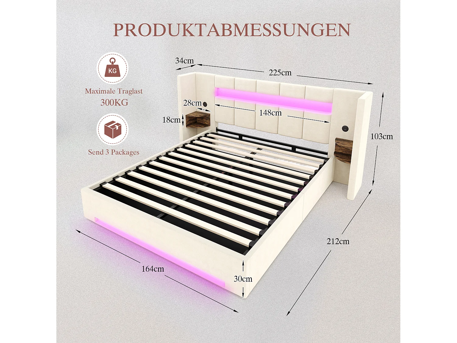 Bettkastenbett 160x200 cm aus beigem Velours, Kopfteil mit LED, Nachttisch und 2 USB-Anschlüssen, ohne Matratze