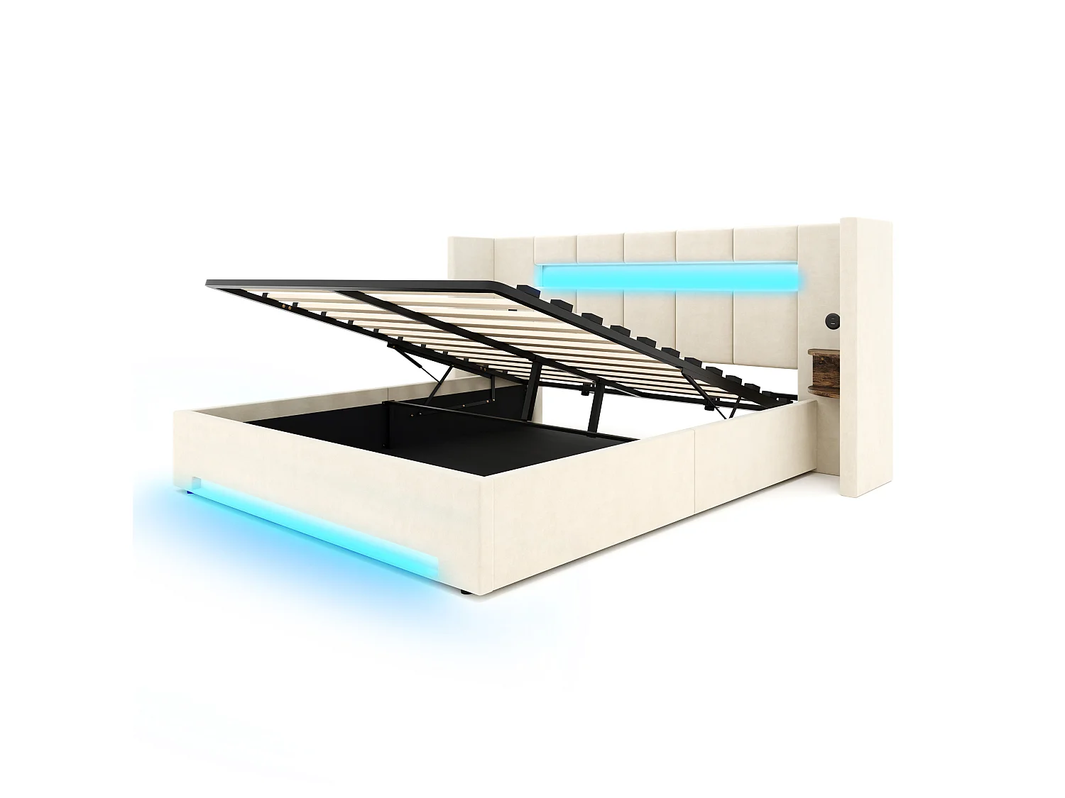 Bettkastenbett 160x200 cm aus beigem Velours, Kopfteil mit LED, Nachttisch und 2 USB-Anschlüssen, ohne Matratze