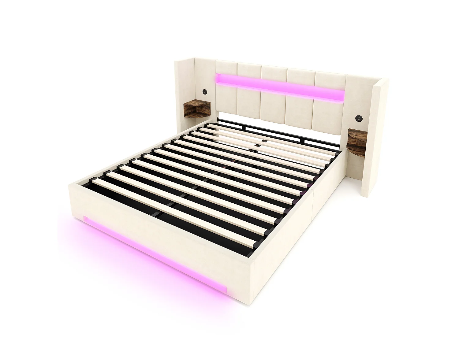 Bettkastenbett 160x200 cm aus beigem Velours, Kopfteil mit LED, Nachttisch und 2 USB-Anschlüssen, ohne Matratze
