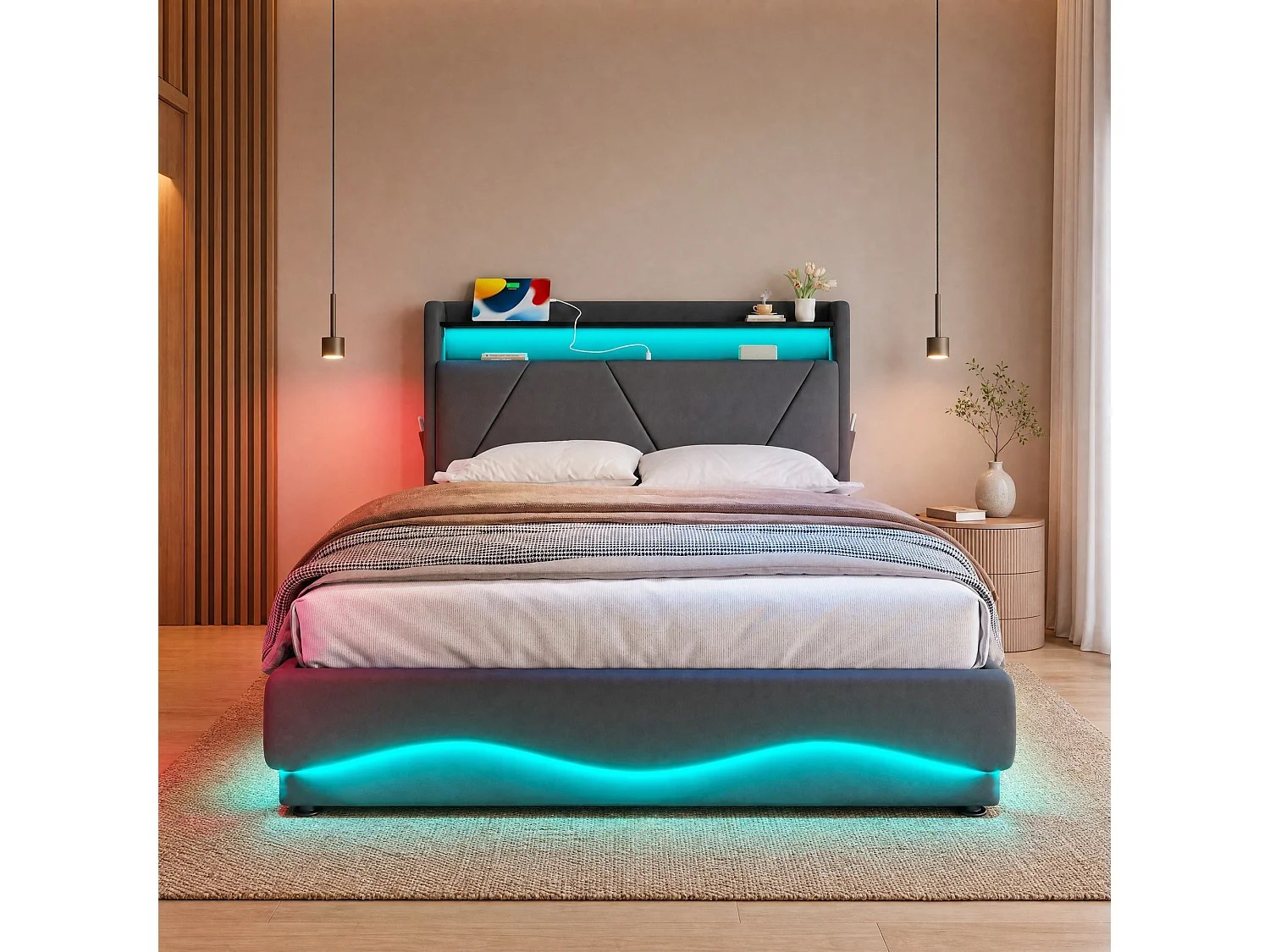 Bettkastenbett 140x200 cm, dunkelgraues Velours, LED, Lattenrost mit Hydraulik, USB & USB-C, ohne Matratze