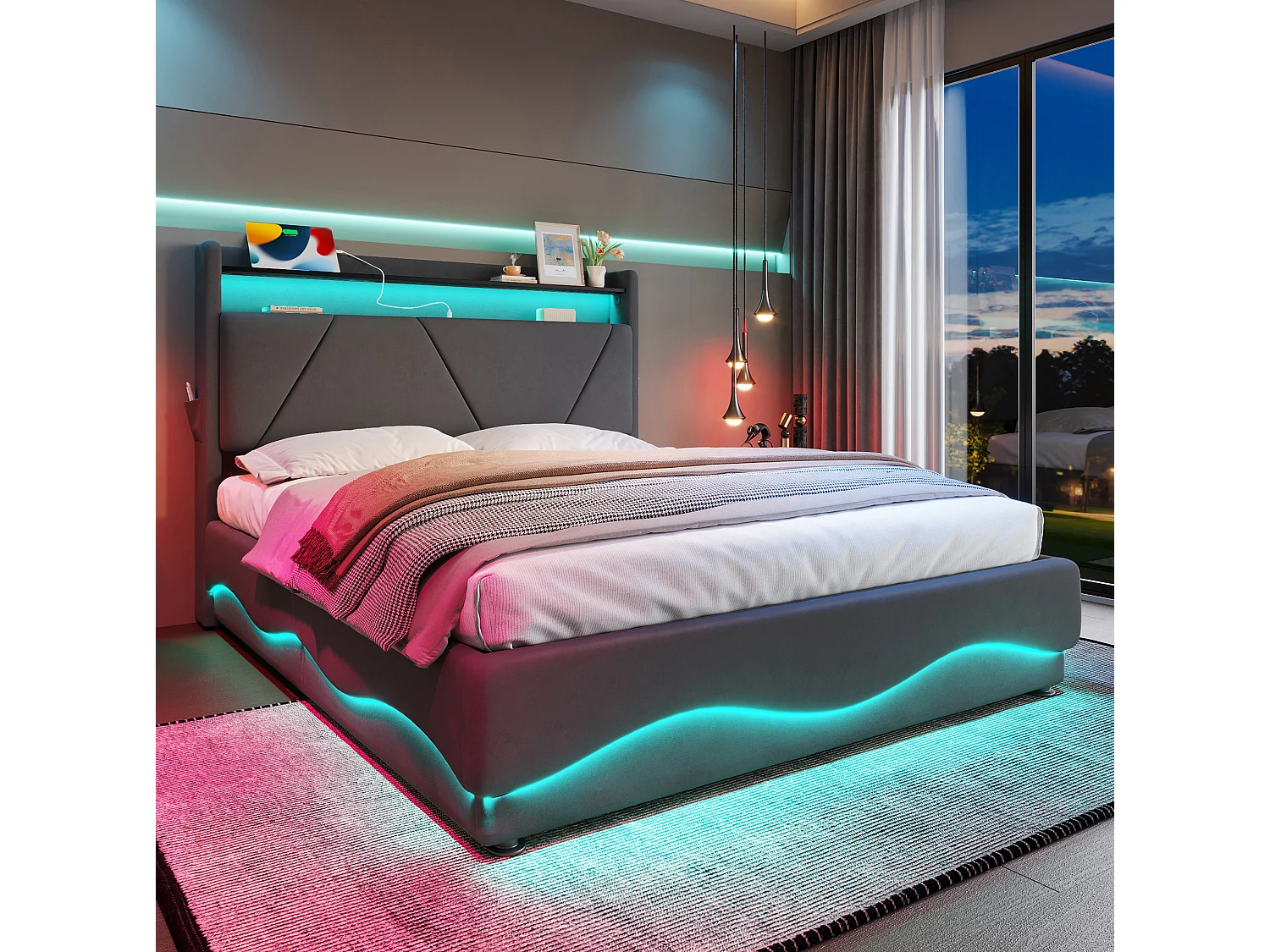 Bettkastenbett 140x200 cm, dunkelgraues Velours, LED, Lattenrost mit Hydraulik, USB & USB-C, ohne Matratze
