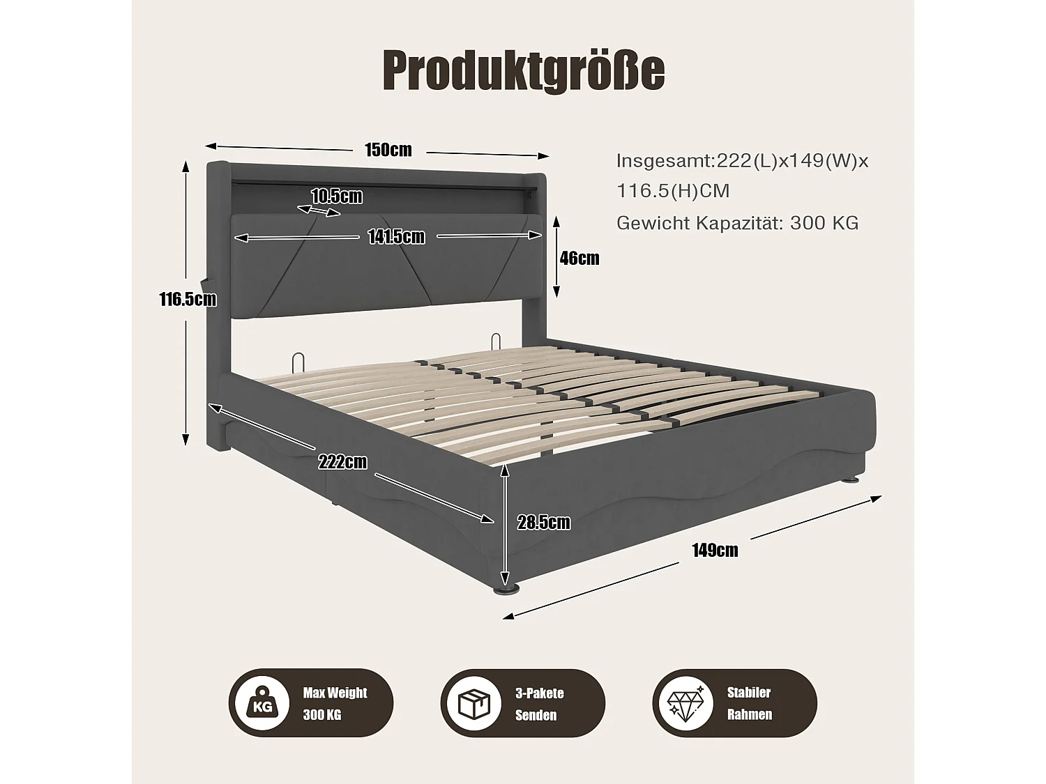 Bettkastenbett 140x200 cm, dunkelgraues Velours, LED, Lattenrost mit Hydraulik, USB & USB-C, ohne Matratze
