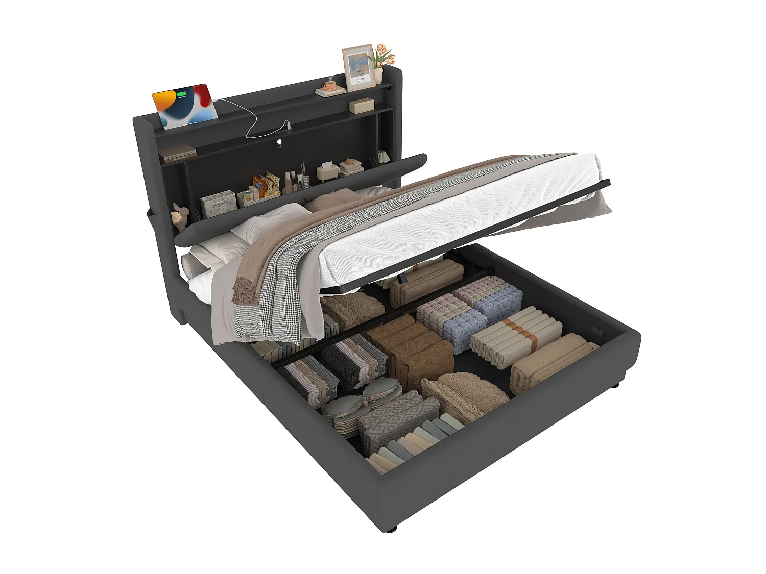 Bettkastenbett 140x200 cm, dunkelgraues Velours, LED, Lattenrost mit Hydraulik, USB & USB-C, ohne Matratze