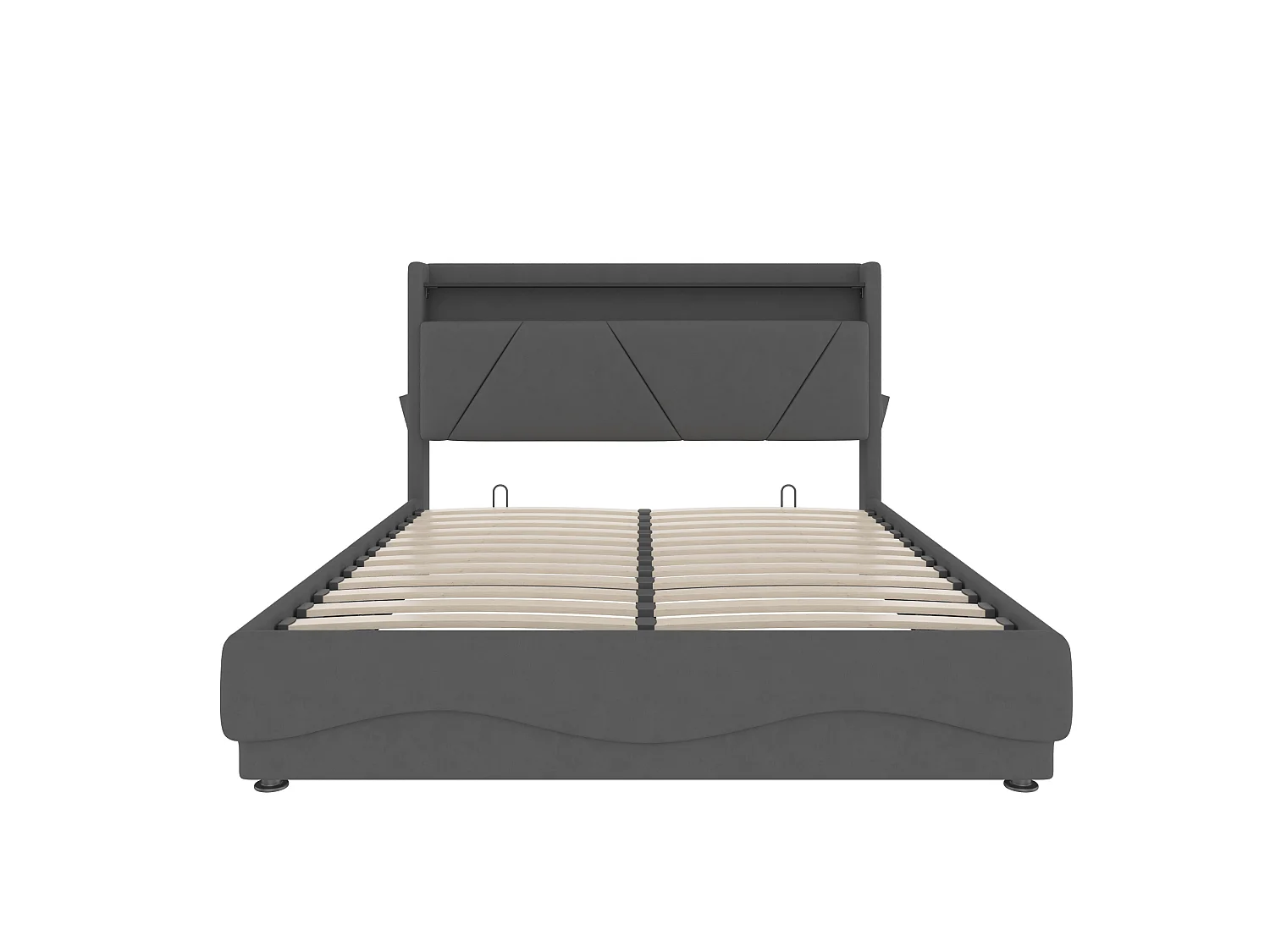Bettkastenbett 140x200 cm, dunkelgraues Velours, LED, Lattenrost mit Hydraulik, USB & USB-C, ohne Matratze