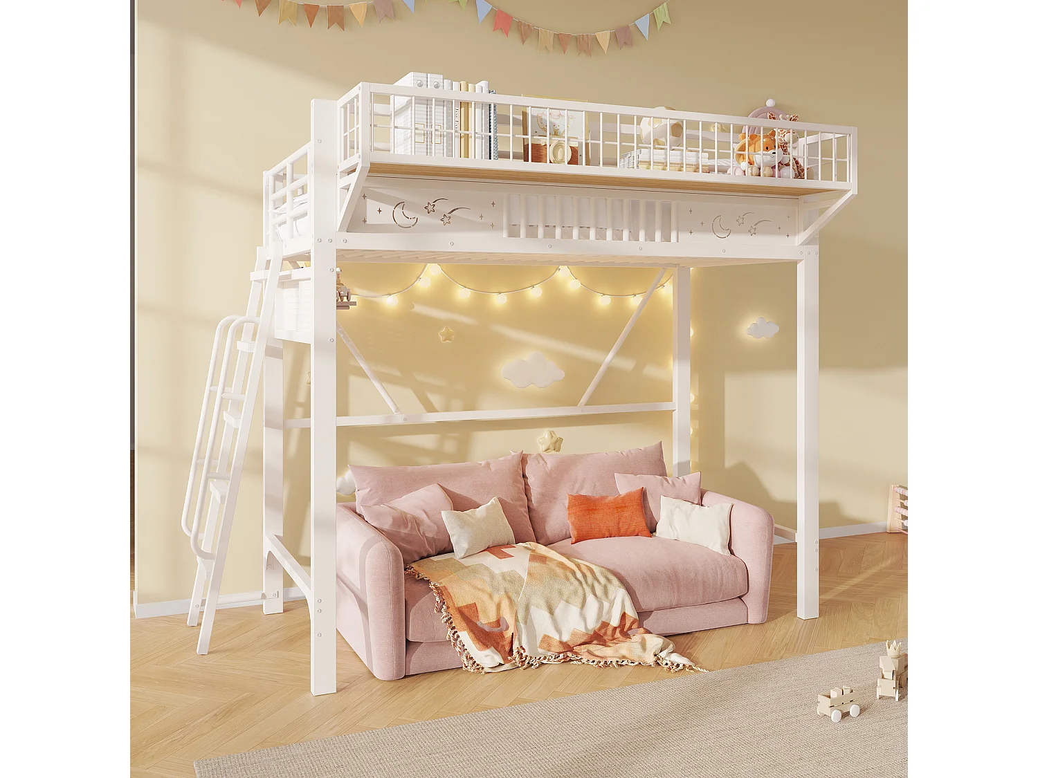 Hochbett 90x200 cm weißes Metall, Stauraum, offener Bereich, umkehrbare Treppe, ohne Matratze