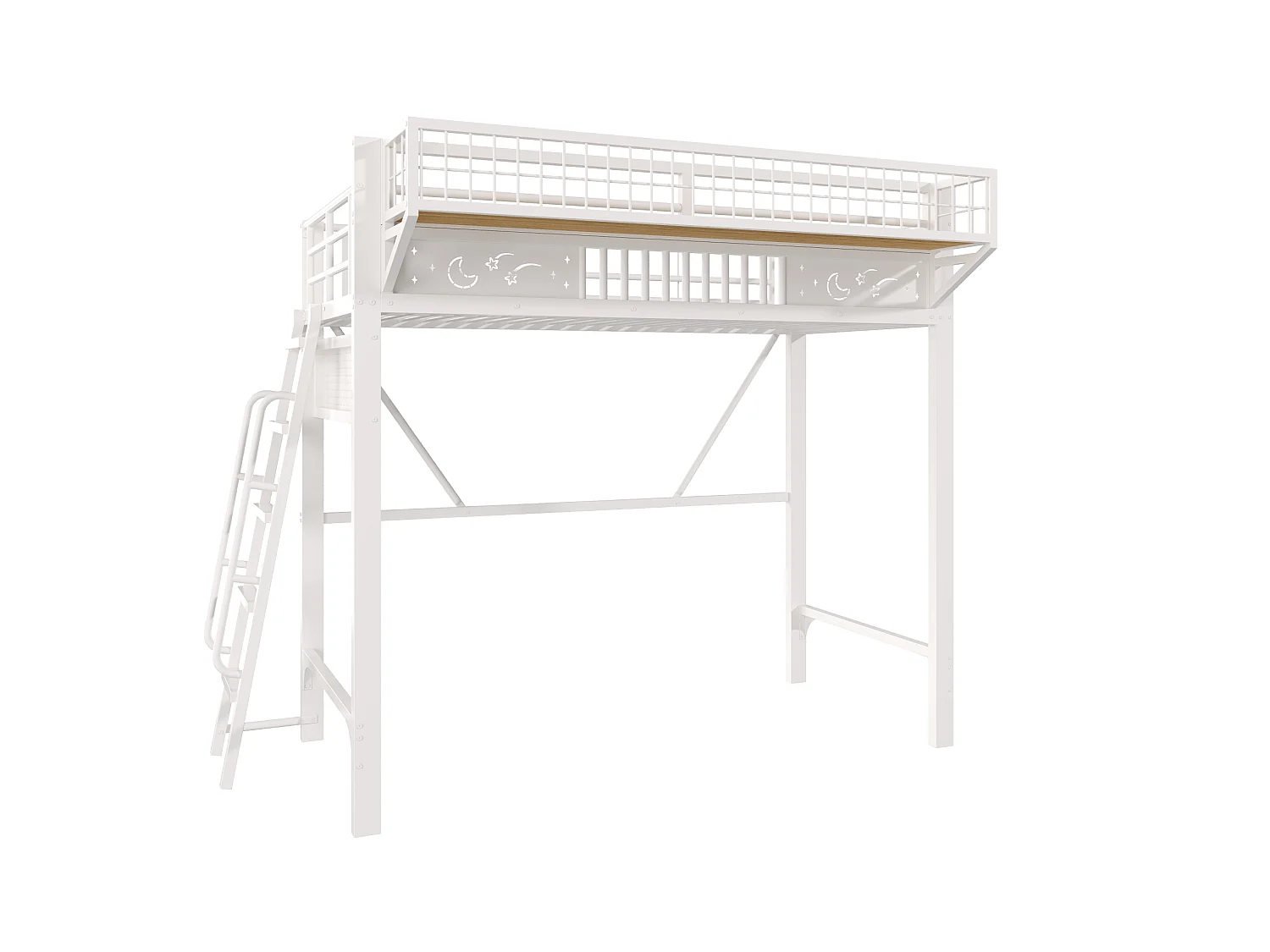 Hochbett 90x200 cm weißes Metall, Stauraum, offener Bereich, umkehrbare Treppe, ohne Matratze