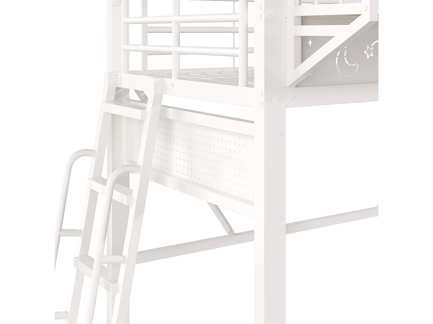 Hochbett 90x200 cm weißes Metall, Stauraum, offener Bereich, umkehrbare Treppe, ohne Matratze
