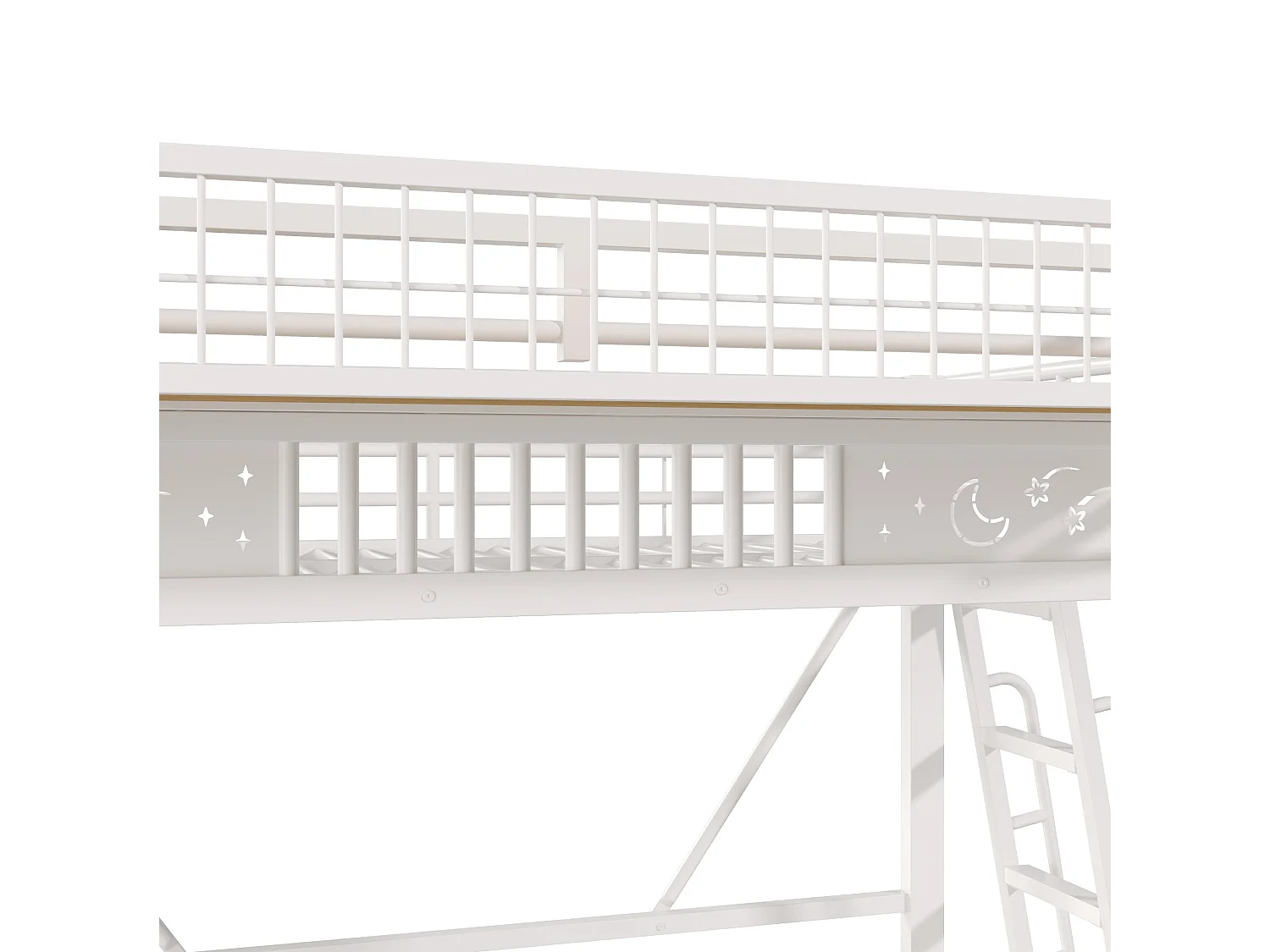 Hochbett 90x200 cm weißes Metall, Stauraum, offener Bereich, umkehrbare Treppe, ohne Matratze