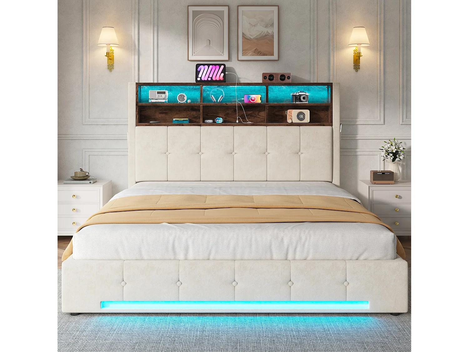 Bettkastenbett 180x200 cm aus beigem Velours, LED-Kopfteil mit USB-C-Anschluss und 6 Aufbewahrungsfächern, ohne Matratze