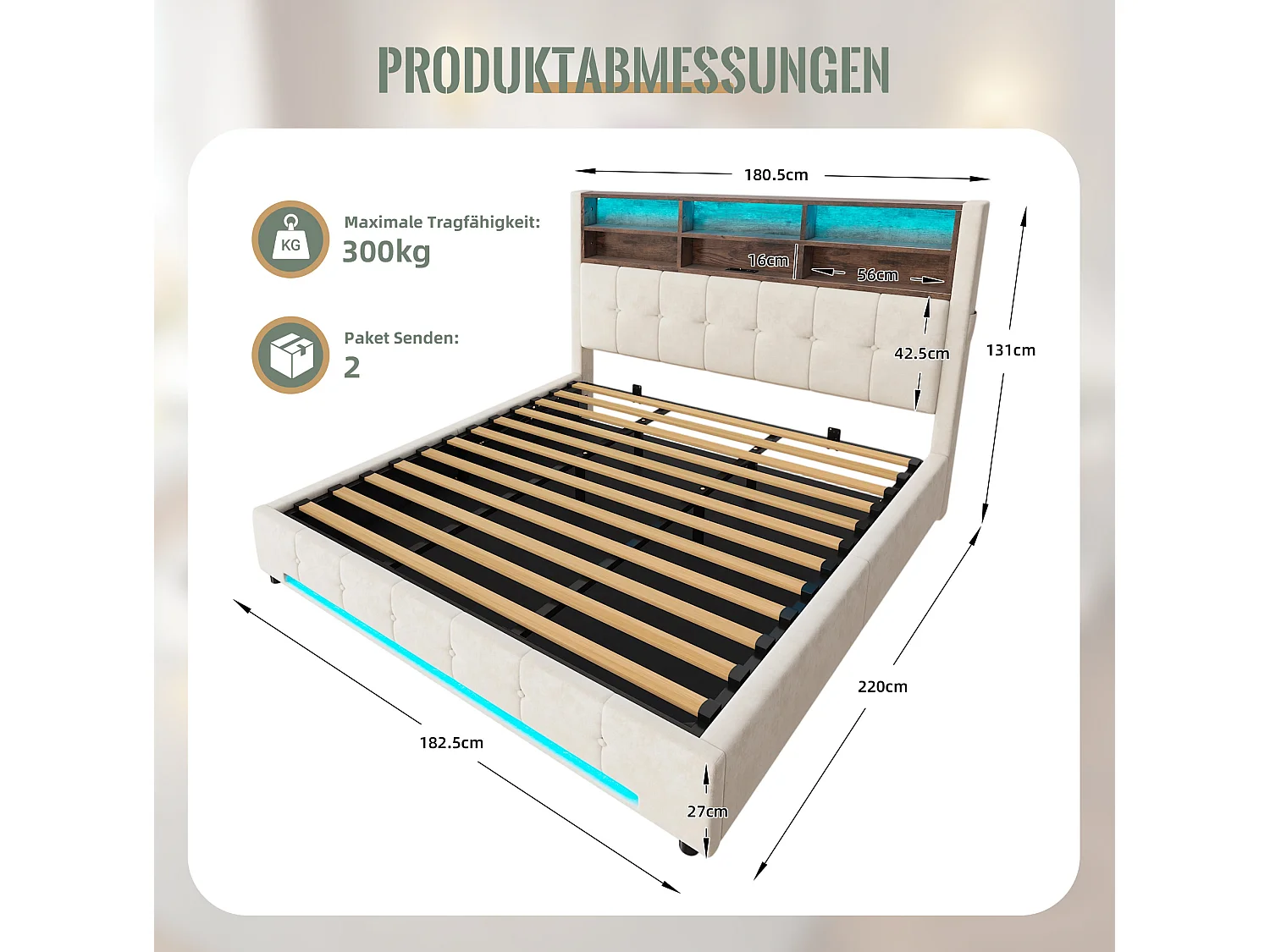 Bettkastenbett 180x200 cm aus beigem Velours, LED-Kopfteil mit USB-C-Anschluss und 6 Aufbewahrungsfächern, ohne Matratze