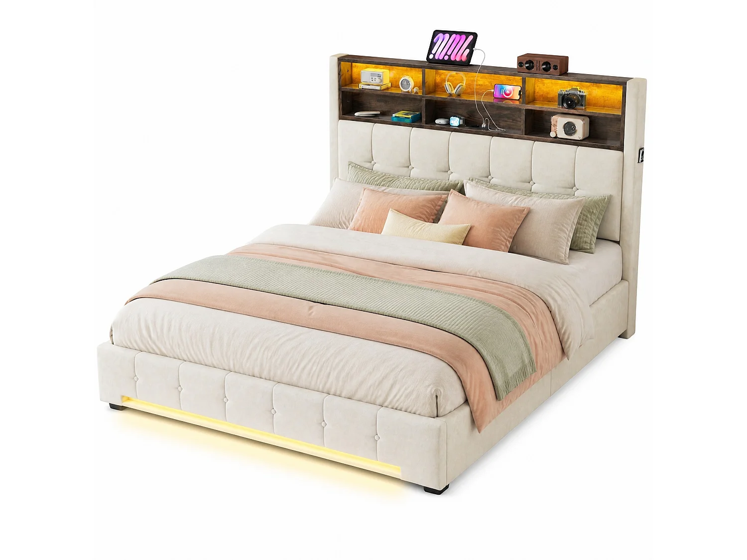 Bettkastenbett 180x200 cm aus beigem Velours, LED-Kopfteil mit USB-C-Anschluss und 6 Aufbewahrungsfächern, ohne Matratze