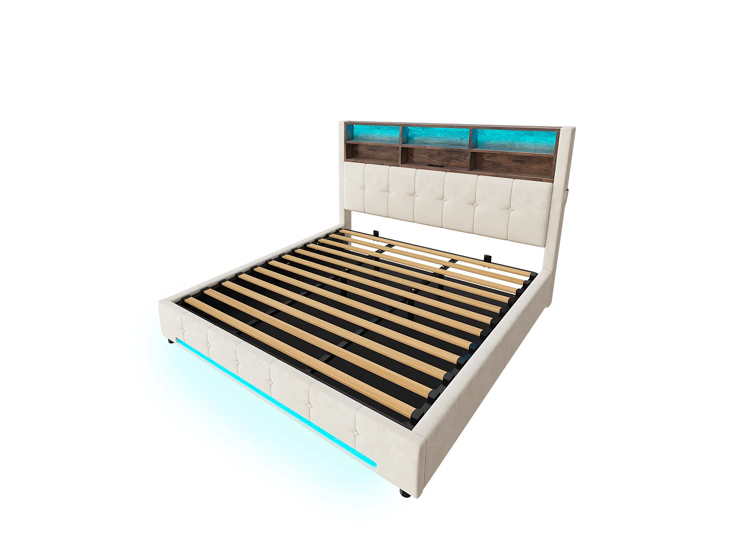 Bettkastenbett 180x200 cm aus beigem Velours, LED-Kopfteil mit USB-C-Anschluss und 6 Aufbewahrungsfächern, ohne Matratze