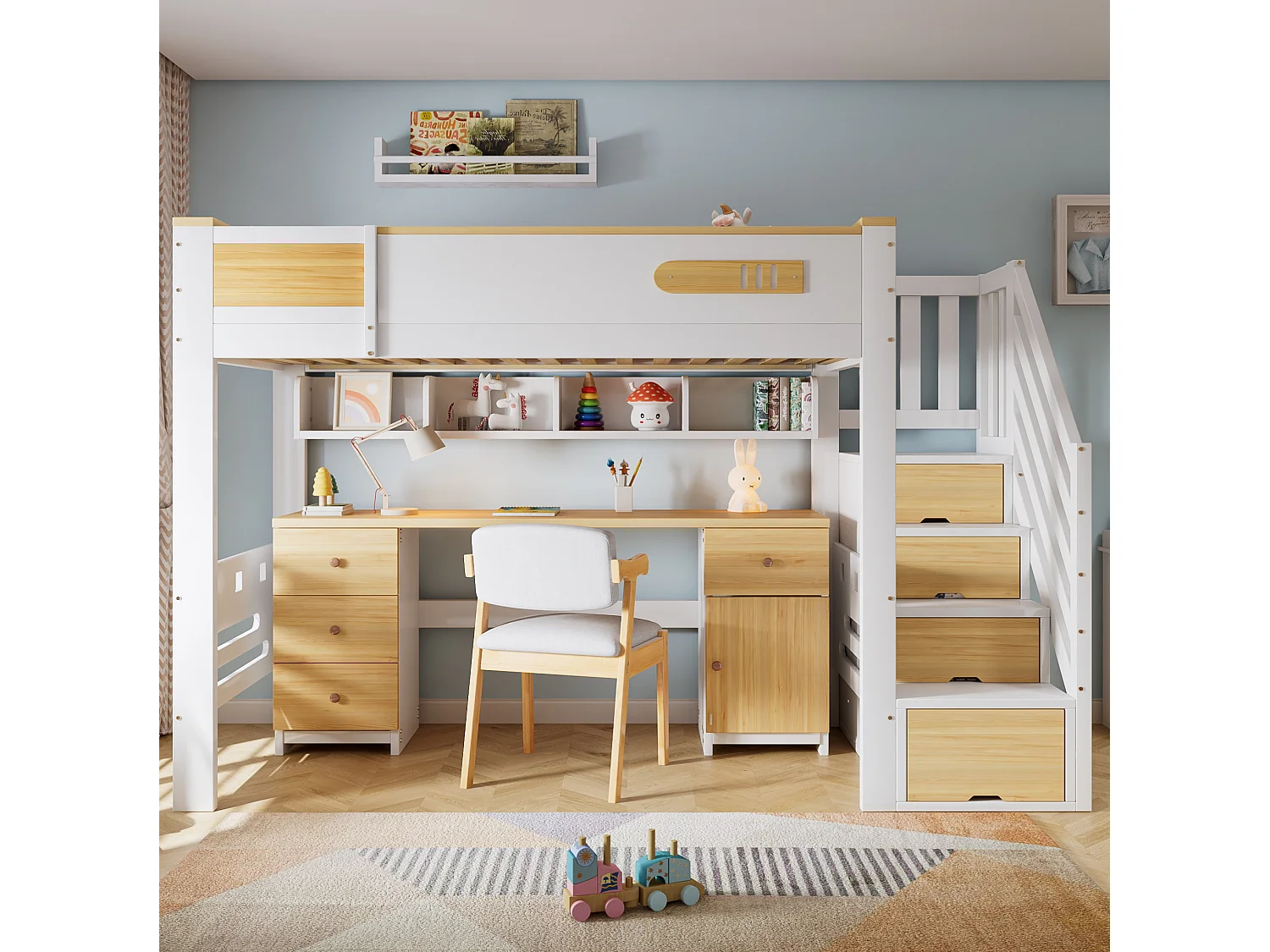 Hochbett 90x200 cm aus weißem und naturbelassenem Holz sowie MDF mit Schreibtisch, Hängeregal und Stauraumtreppe, ohne Matratze