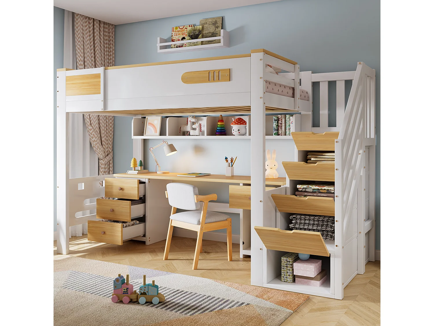 Hochbett 90x200 cm aus weißem und naturbelassenem Holz sowie MDF mit Schreibtisch, Hängeregal und Stauraumtreppe, ohne Matratze