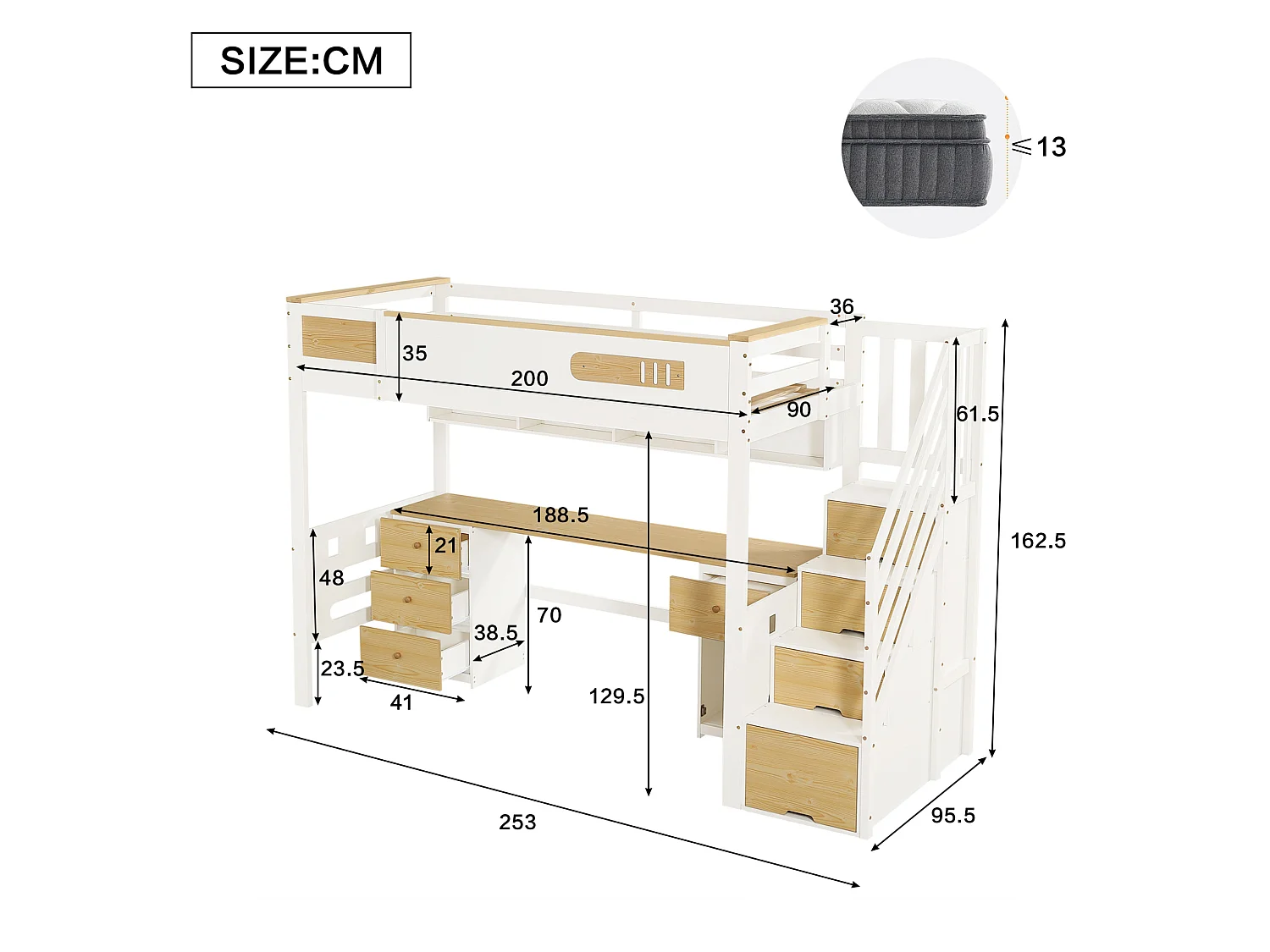 Hochbett 90x200 cm aus weißem und naturbelassenem Holz sowie MDF mit Schreibtisch, Hängeregal und Stauraumtreppe, ohne Matratze