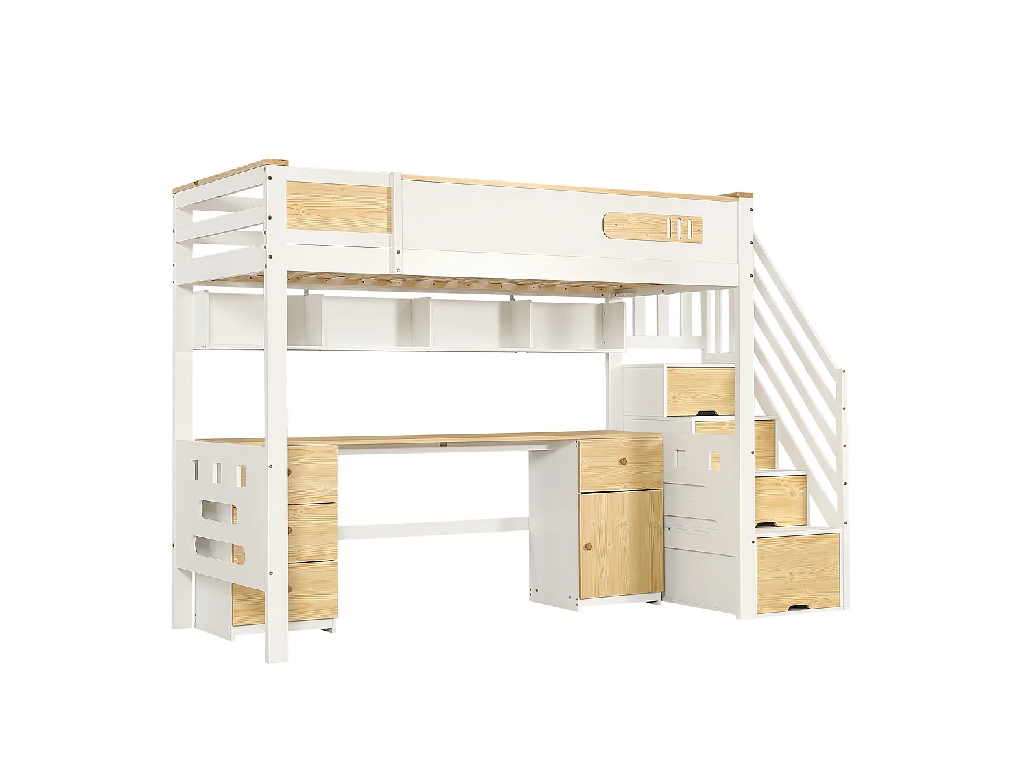 Hochbett 90x200 cm aus weißem und naturbelassenem Holz sowie MDF mit Schreibtisch, Hängeregal und Stauraumtreppe, ohne Matratze