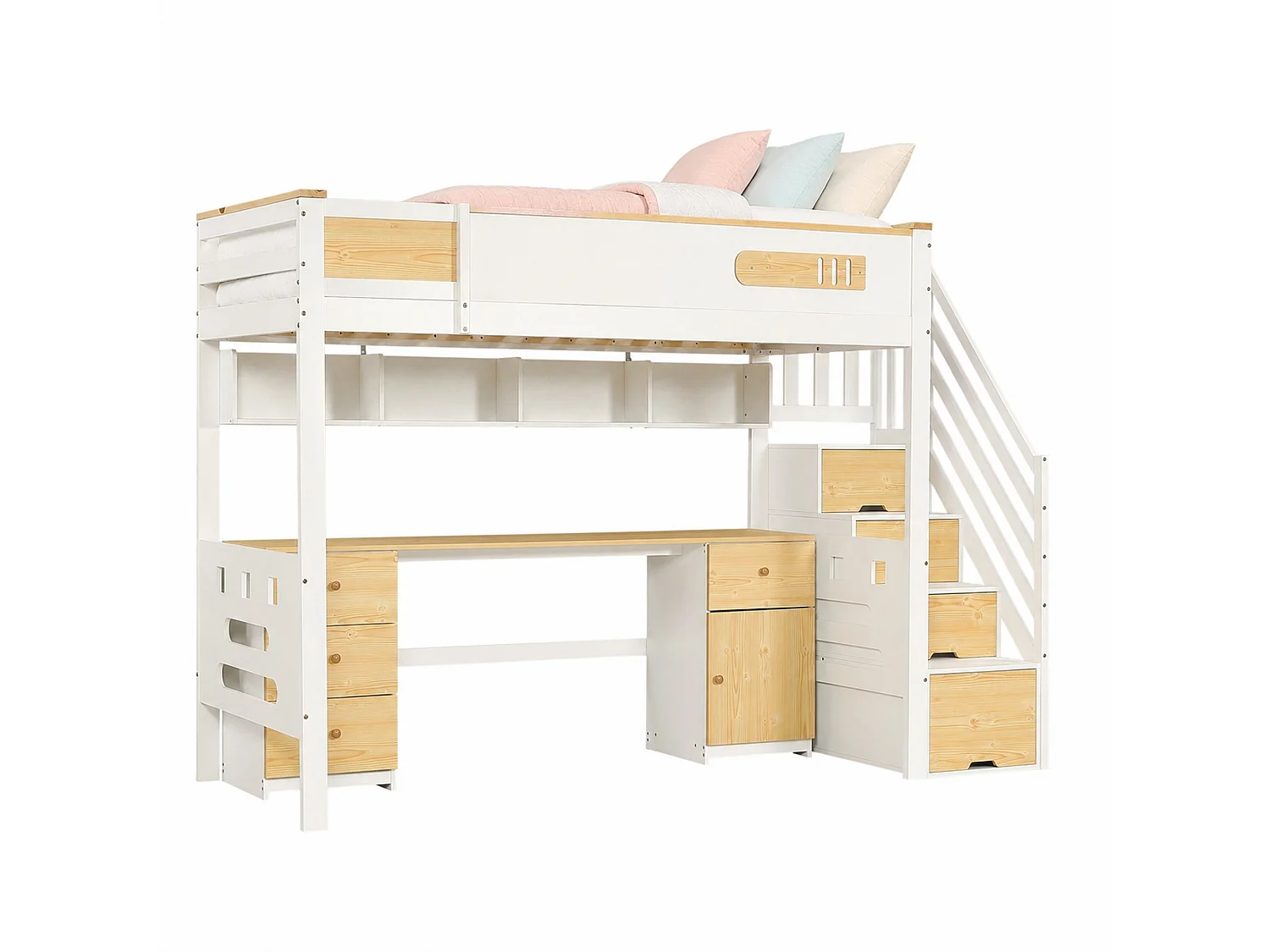 Hochbett 90x200 cm aus weißem und naturbelassenem Holz sowie MDF mit Schreibtisch, Hängeregal und Stauraumtreppe, ohne Matratze