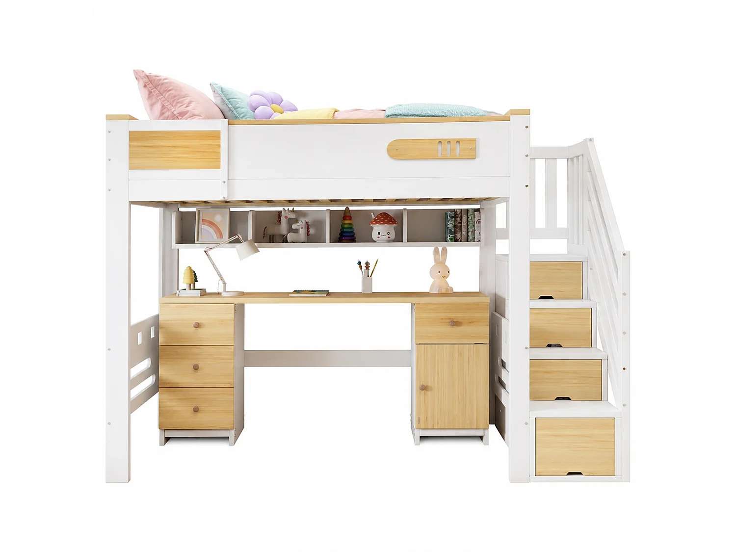 Hochbett 90x200 cm aus weißem und naturbelassenem Holz sowie MDF mit Schreibtisch, Hängeregal und Stauraumtreppe, ohne Matratze