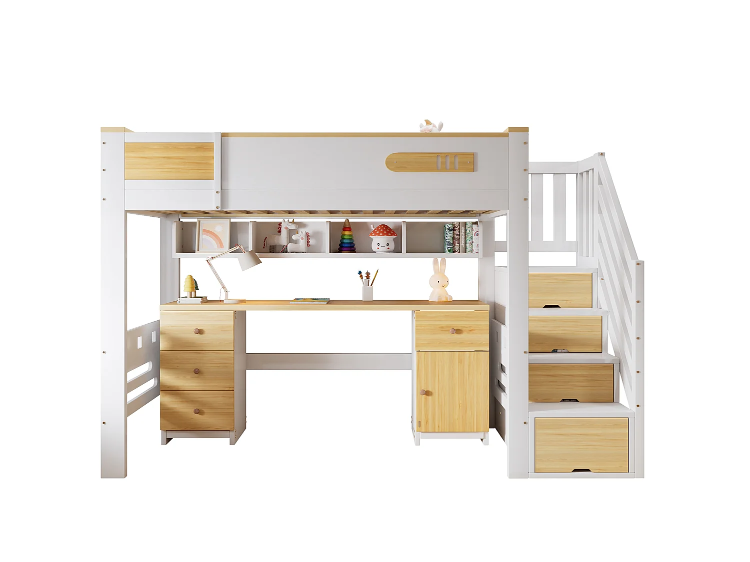 Hochbett 90x200 cm aus weißem und naturbelassenem Holz sowie MDF mit Schreibtisch, Hängeregal und Stauraumtreppe, ohne Matratze