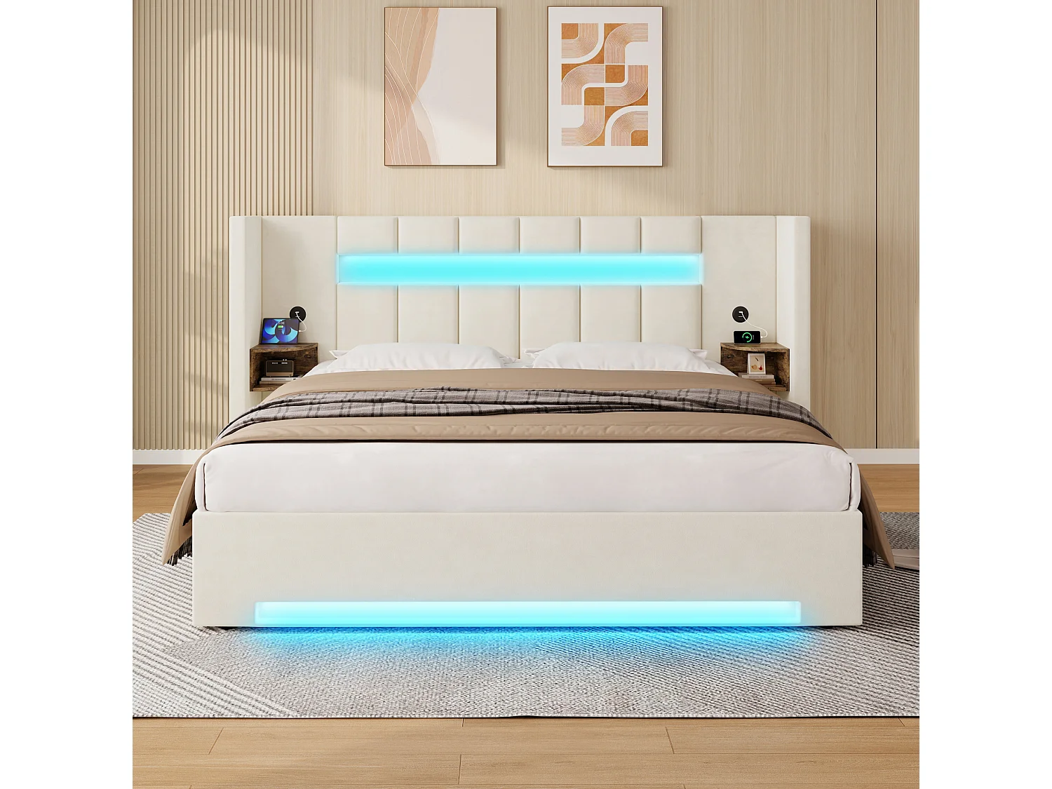 Bettkastenbett 180x200 cm aus beigem Velours, Kopfteil mit LED, Nachttisch und 2 USB-Anschlüssen, ohne Matratze