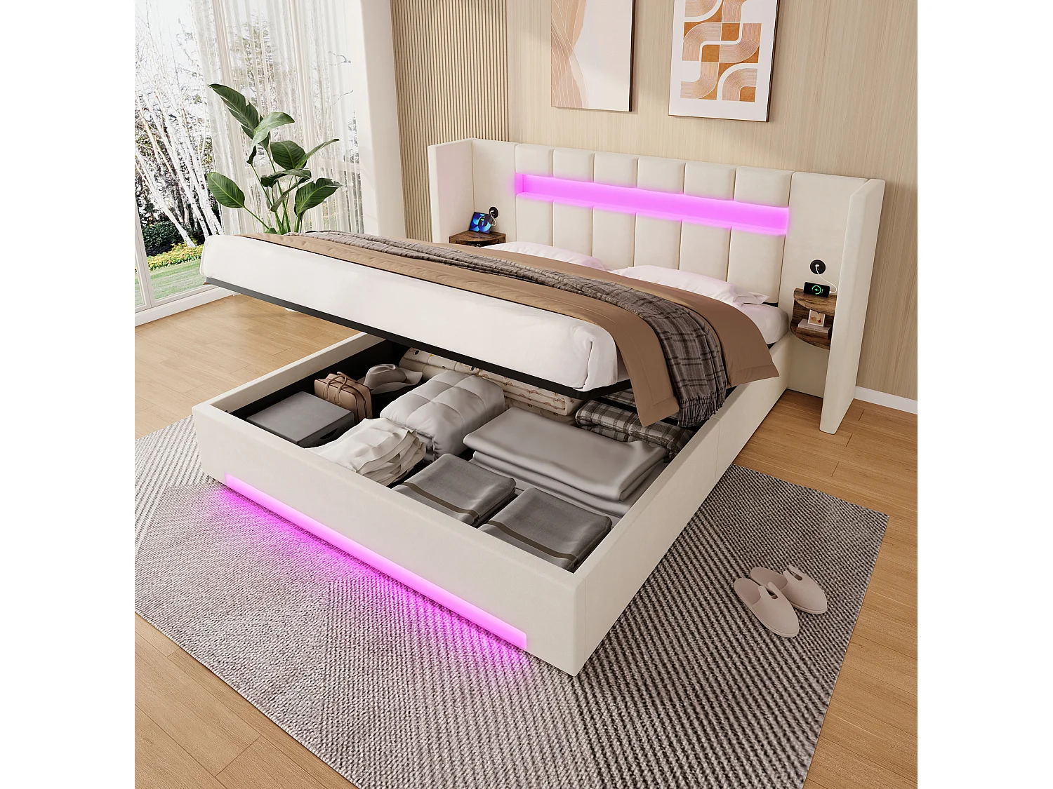 Bettkastenbett 180x200 cm aus beigem Velours, Kopfteil mit LED, Nachttisch und 2 USB-Anschlüssen, ohne Matratze