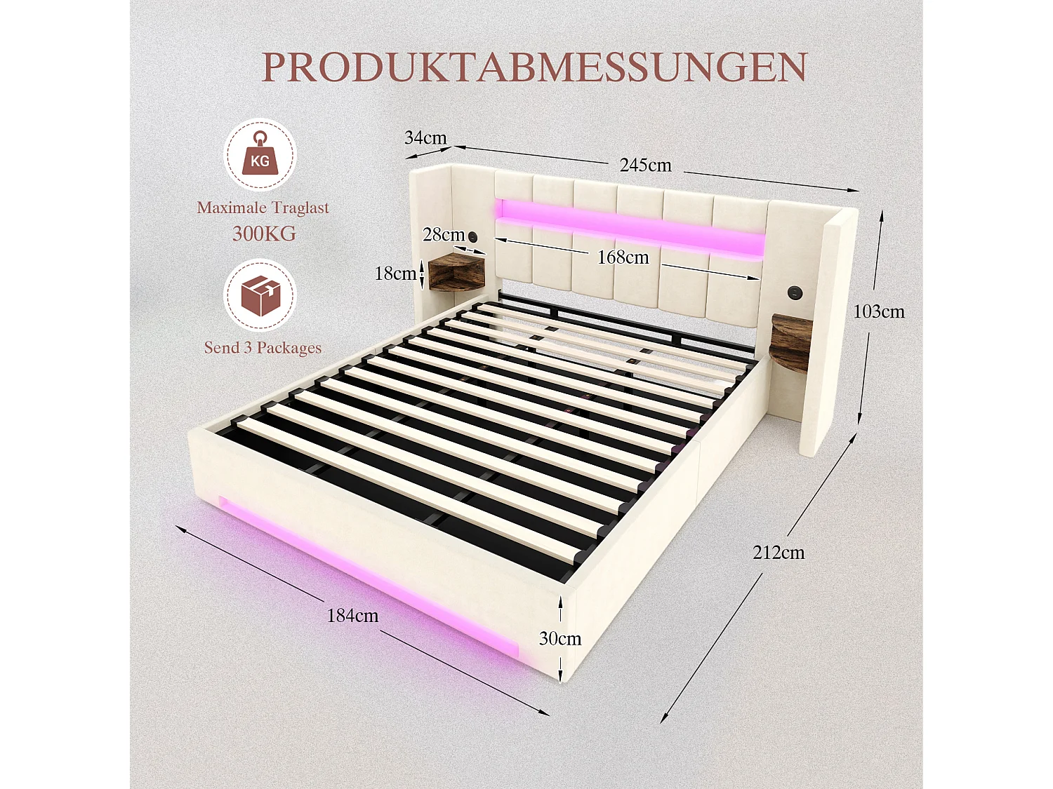Bettkastenbett 180x200 cm aus beigem Velours, Kopfteil mit LED, Nachttisch und 2 USB-Anschlüssen, ohne Matratze
