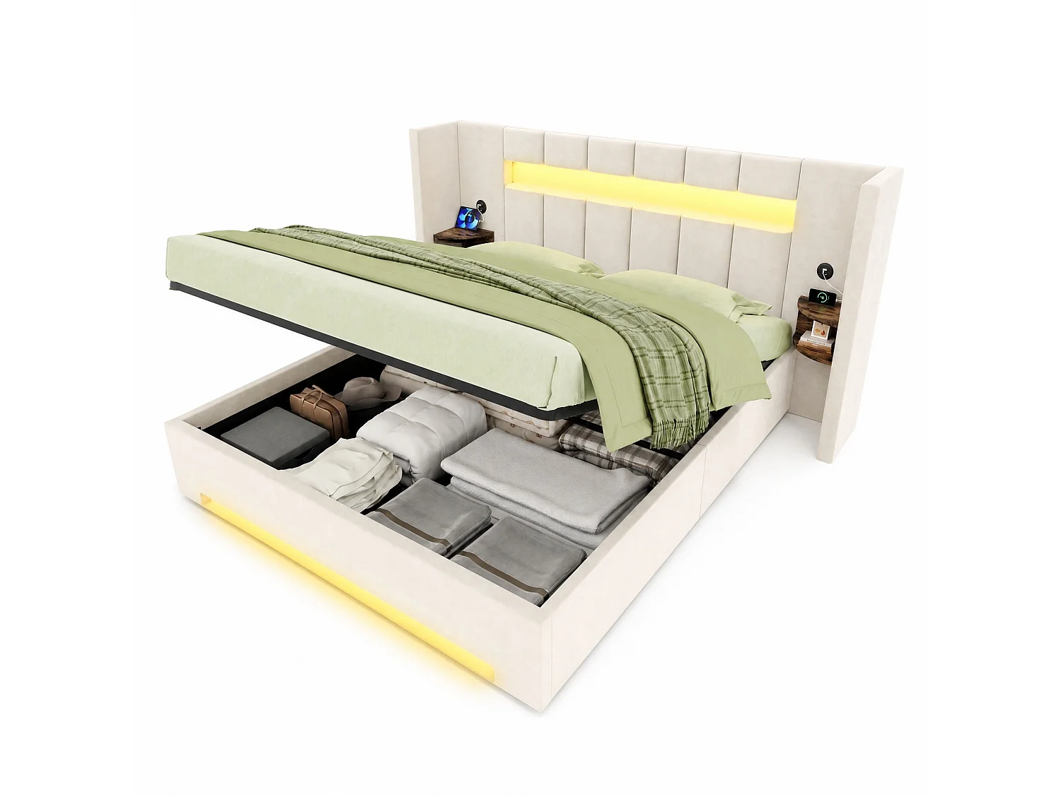 Bettkastenbett 180x200 cm aus beigem Velours, Kopfteil mit LED, Nachttisch und 2 USB-Anschlüssen, ohne Matratze