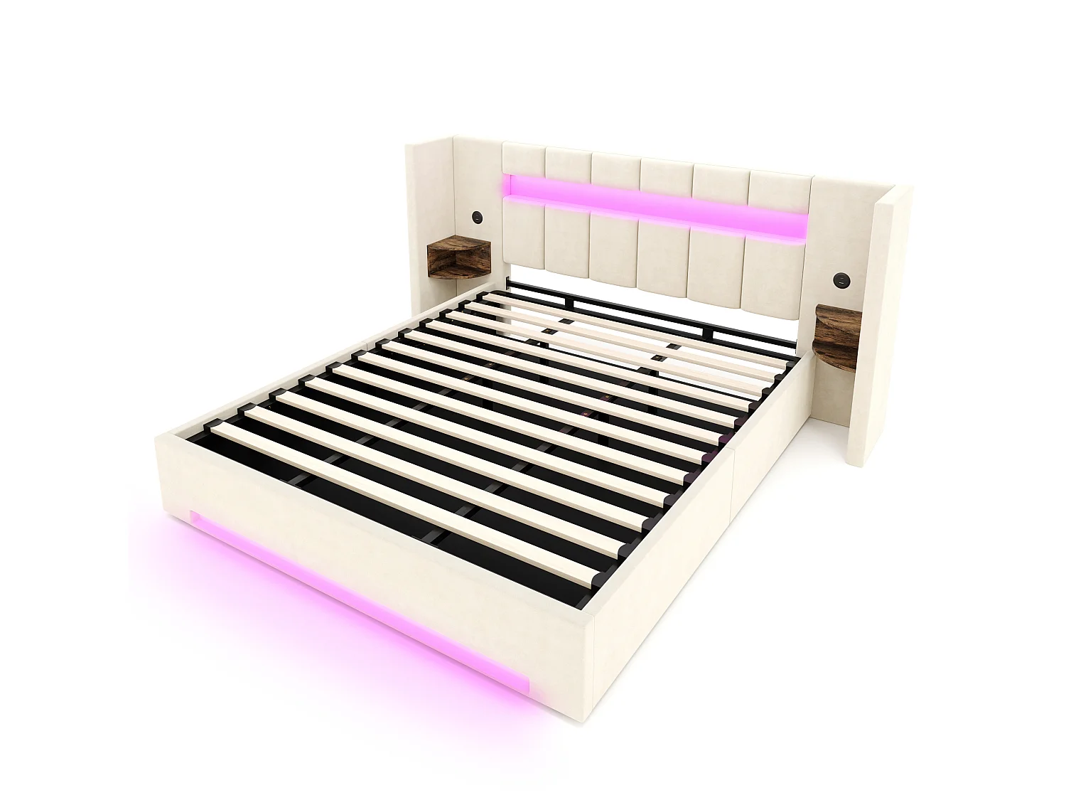Bettkastenbett 180x200 cm aus beigem Velours, Kopfteil mit LED, Nachttisch und 2 USB-Anschlüssen, ohne Matratze