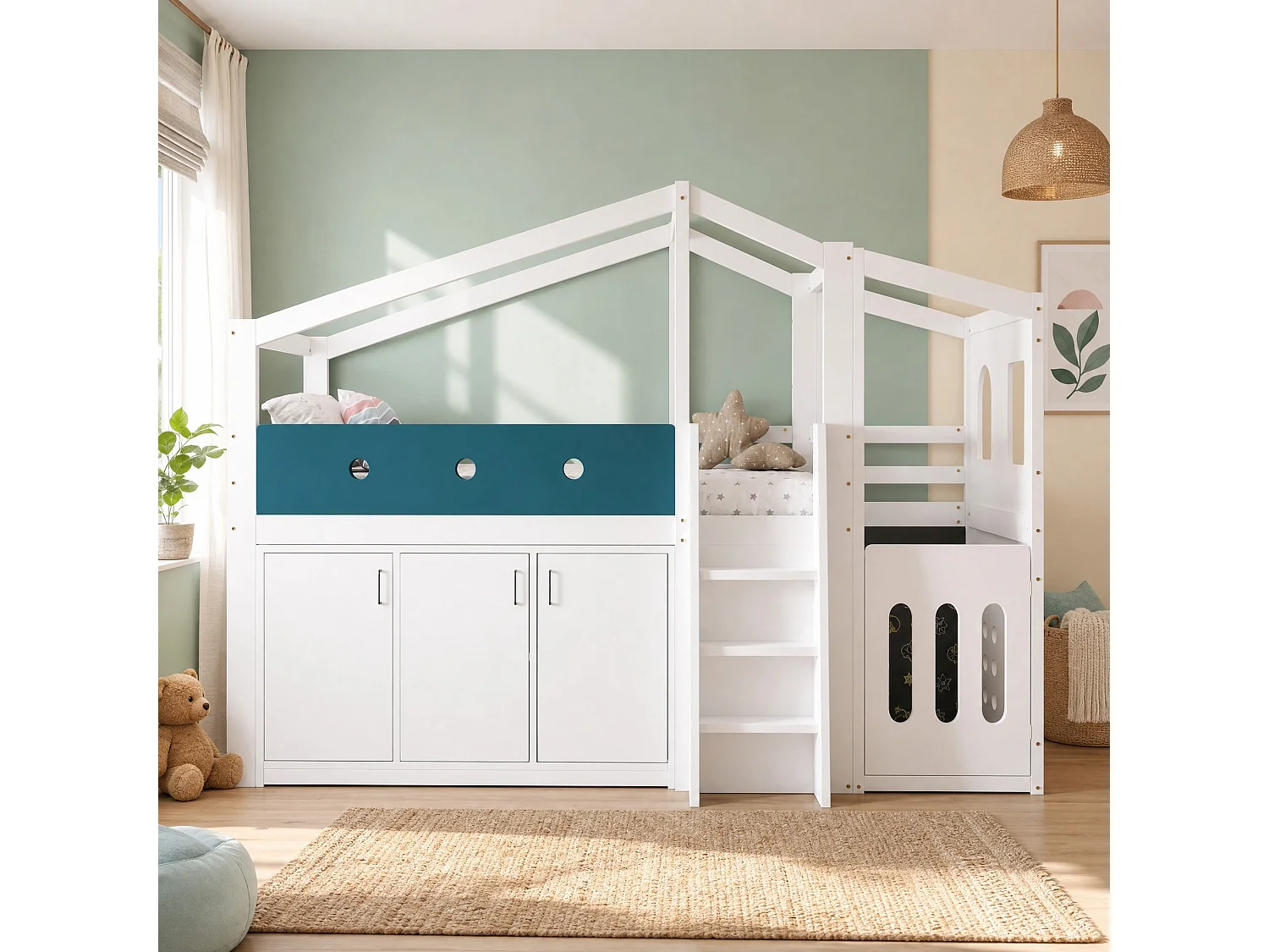 Kinder-Halbhohbett 90x200 cm aus weißem Holz, Hüttenform mit Spielbereich, Schrank und Leiter, ohne Matratze