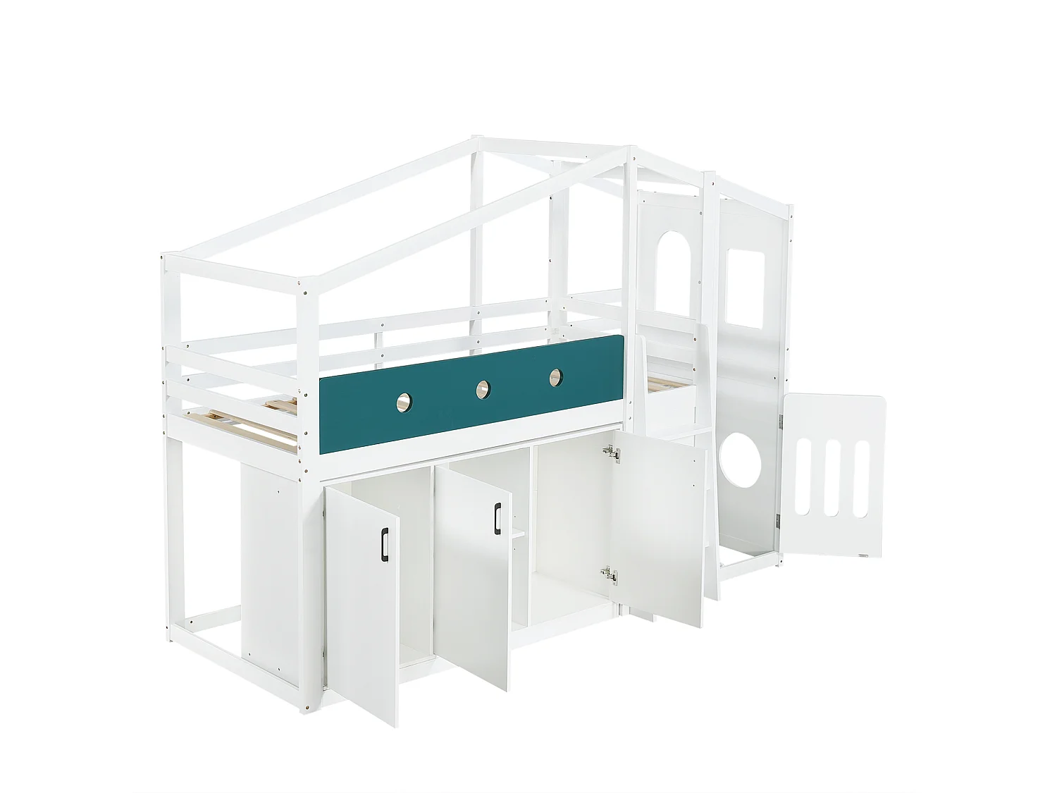 Kinder-Halbhohbett 90x200 cm aus weißem Holz, Hüttenform mit Spielbereich, Schrank und Leiter, ohne Matratze