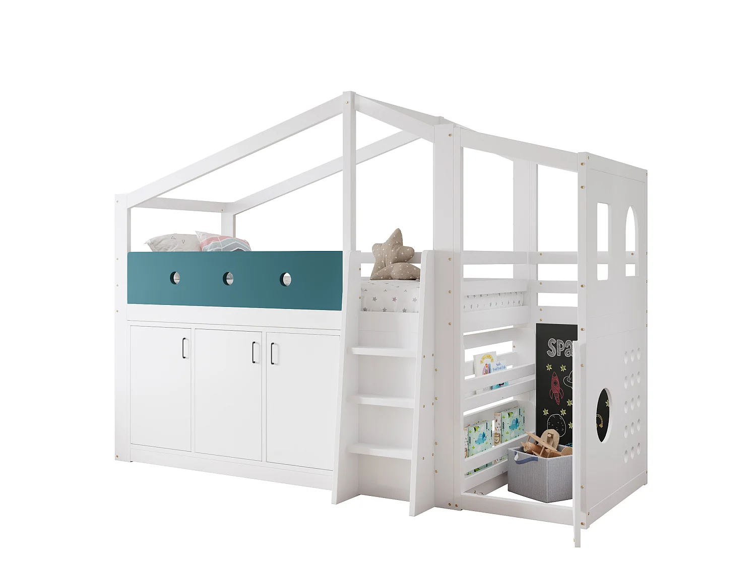 Kinder-Halbhohbett 90x200 cm aus weißem Holz, Hüttenform mit Spielbereich, Schrank und Leiter, ohne Matratze