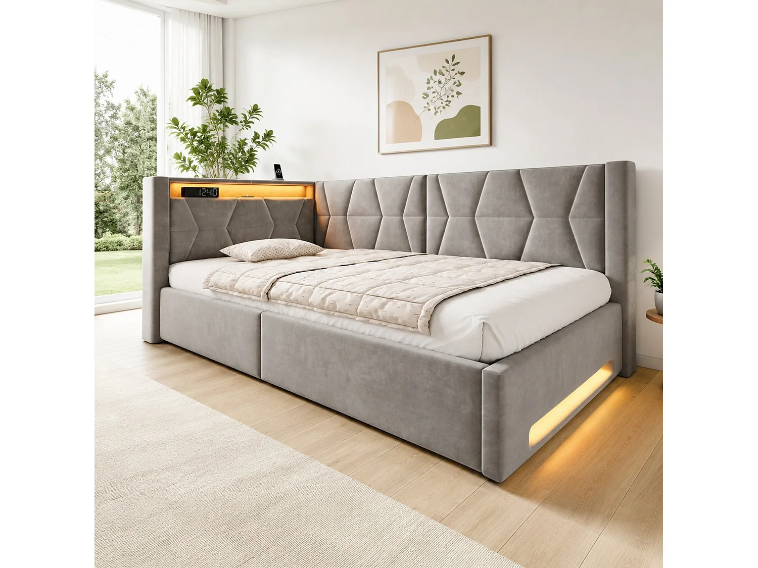 Bettkastenbett 140x200 cm aus dunkelgrauem Velours, LED-Kopfteil mit USB- und USB-C-Anschlüssen, Lattenrost, ohne Matratze