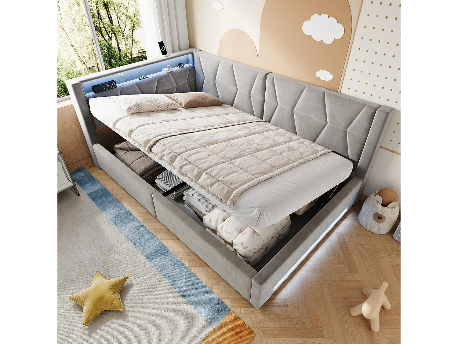 Bettkastenbett 140x200 cm aus dunkelgrauem Velours, LED-Kopfteil mit USB- und USB-C-Anschlüssen, Lattenrost, ohne Matratze