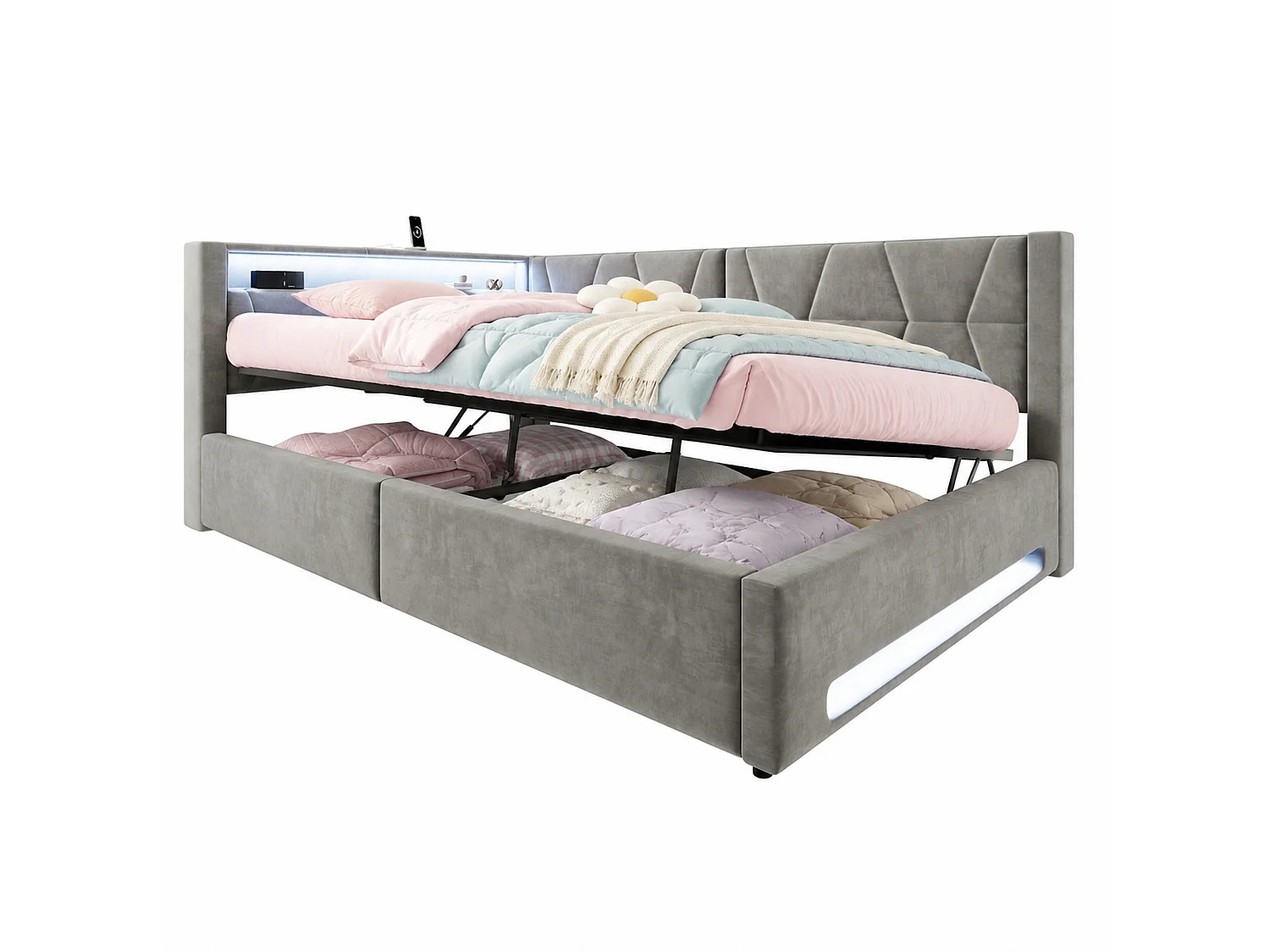 Bettkastenbett 140x200 cm aus dunkelgrauem Velours, LED-Kopfteil mit USB- und USB-C-Anschlüssen, Lattenrost, ohne Matratze