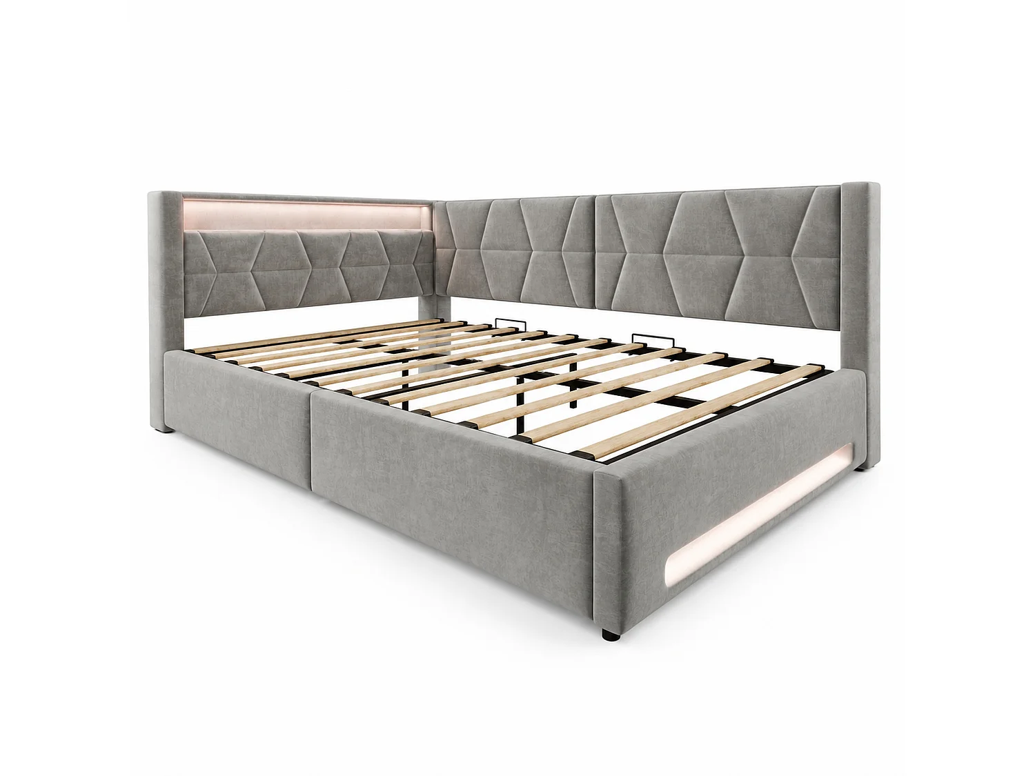Bettkastenbett 140x200 cm aus dunkelgrauem Velours, LED-Kopfteil mit USB- und USB-C-Anschlüssen, Lattenrost, ohne Matratze