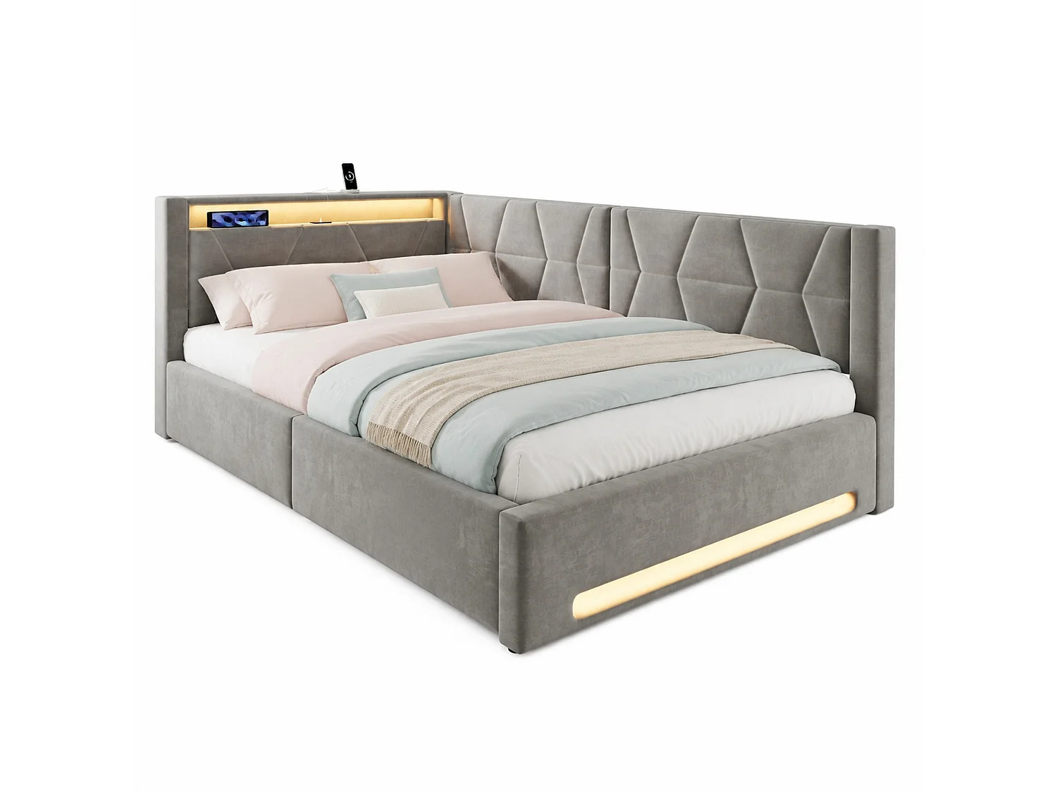 Bettkastenbett 140x200 cm aus dunkelgrauem Velours, LED-Kopfteil mit USB- und USB-C-Anschlüssen, Lattenrost, ohne Matratze