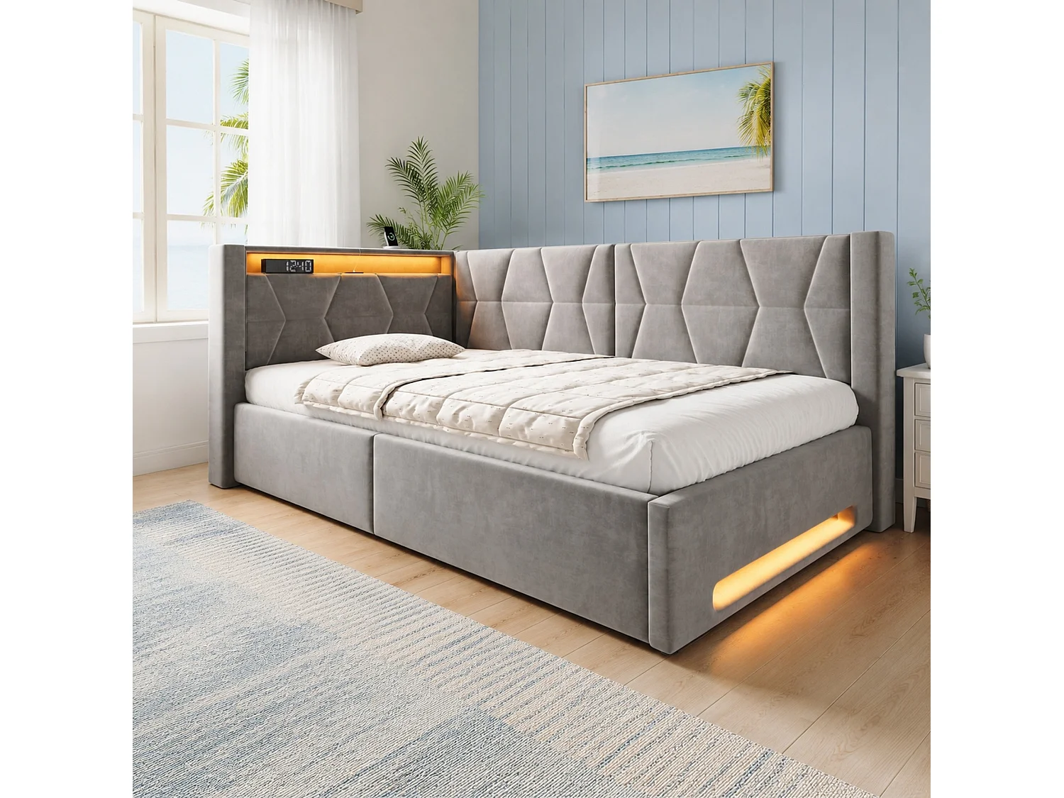 Bettkastenbett 90x200 cm aus dunkelgrauem Velours, LED-Kopfteil mit USB- und USB-C-Anschlüssen, Lattenrost, ohne Matratze