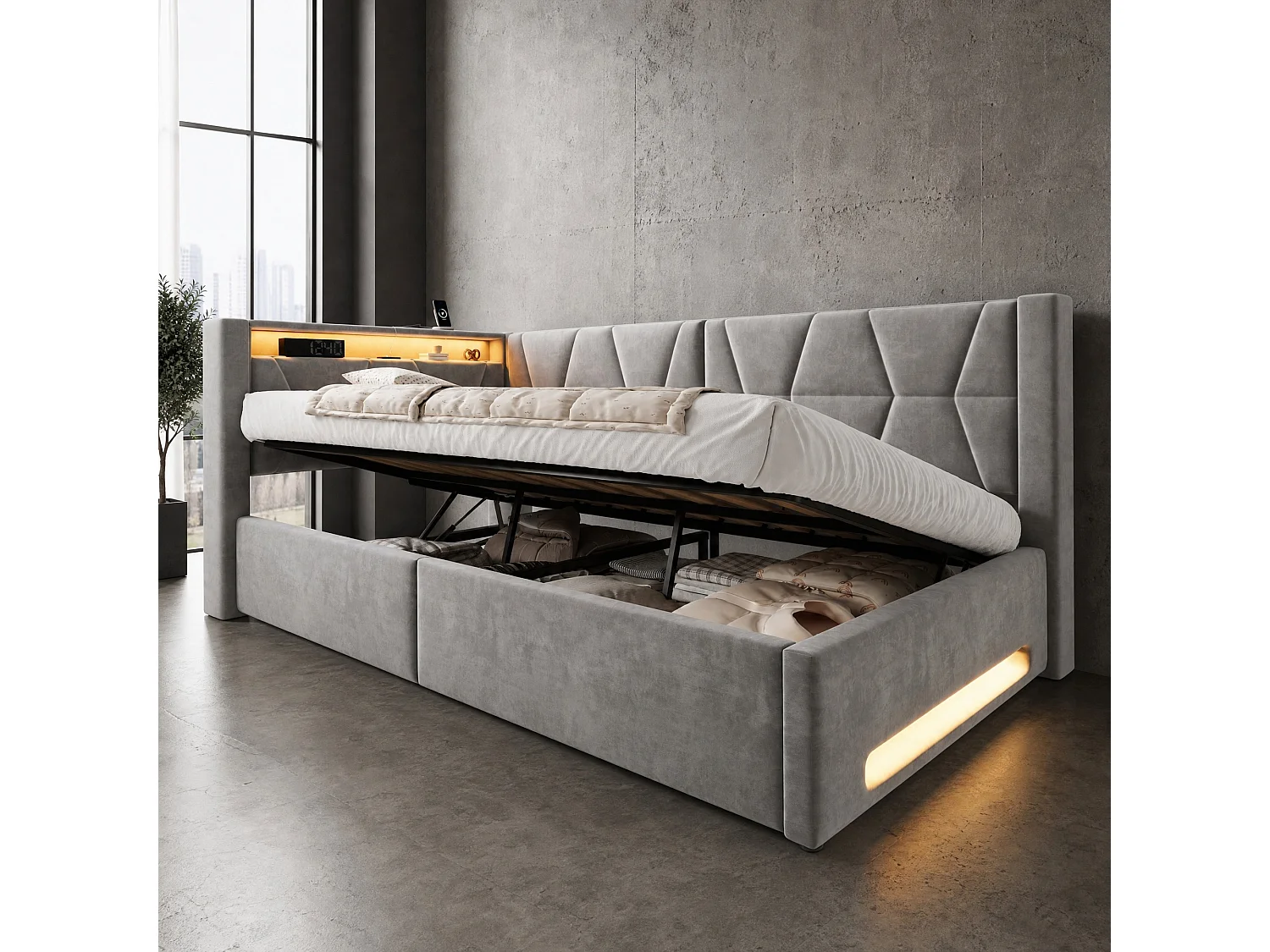 Bettkastenbett 90x200 cm aus dunkelgrauem Velours, LED-Kopfteil mit USB- und USB-C-Anschlüssen, Lattenrost, ohne Matratze