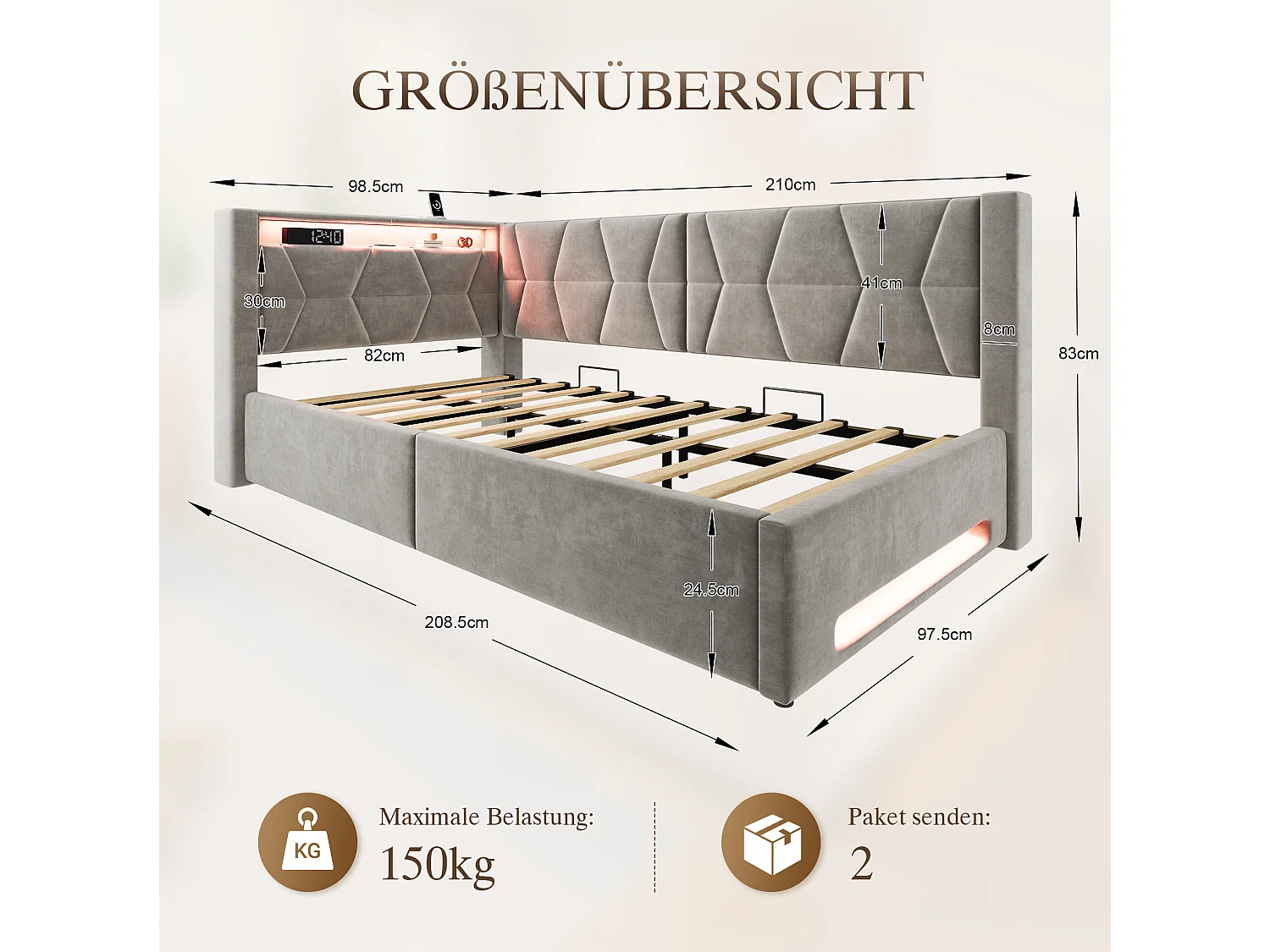 Bettkastenbett 90x200 cm aus dunkelgrauem Velours, LED-Kopfteil mit USB- und USB-C-Anschlüssen, Lattenrost, ohne Matratze