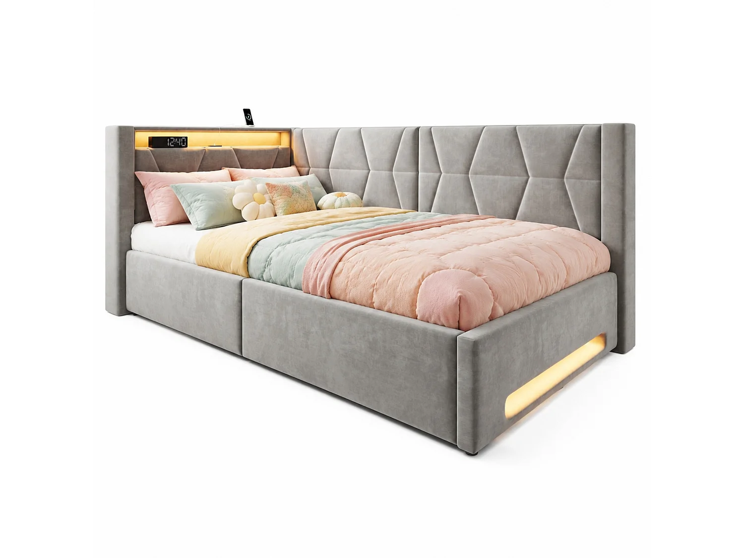 Bettkastenbett 90x200 cm aus dunkelgrauem Velours, LED-Kopfteil mit USB- und USB-C-Anschlüssen, Lattenrost, ohne Matratze