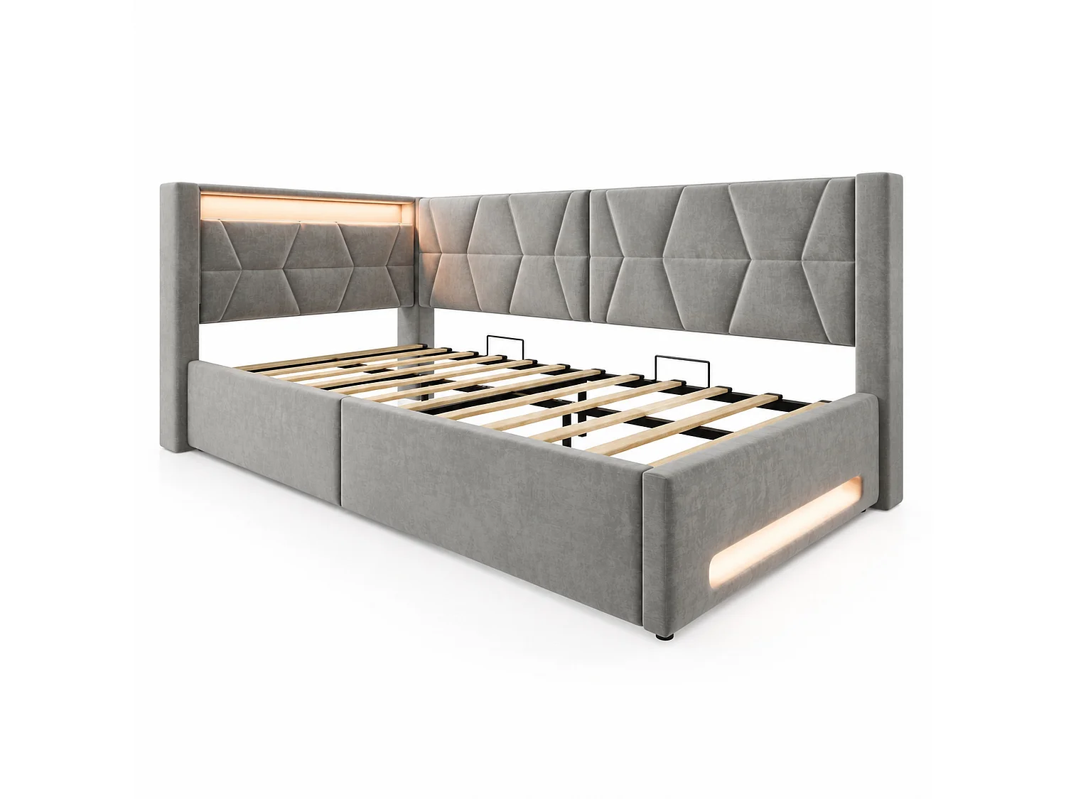 Bettkastenbett 90x200 cm aus dunkelgrauem Velours, LED-Kopfteil mit USB- und USB-C-Anschlüssen, Lattenrost, ohne Matratze