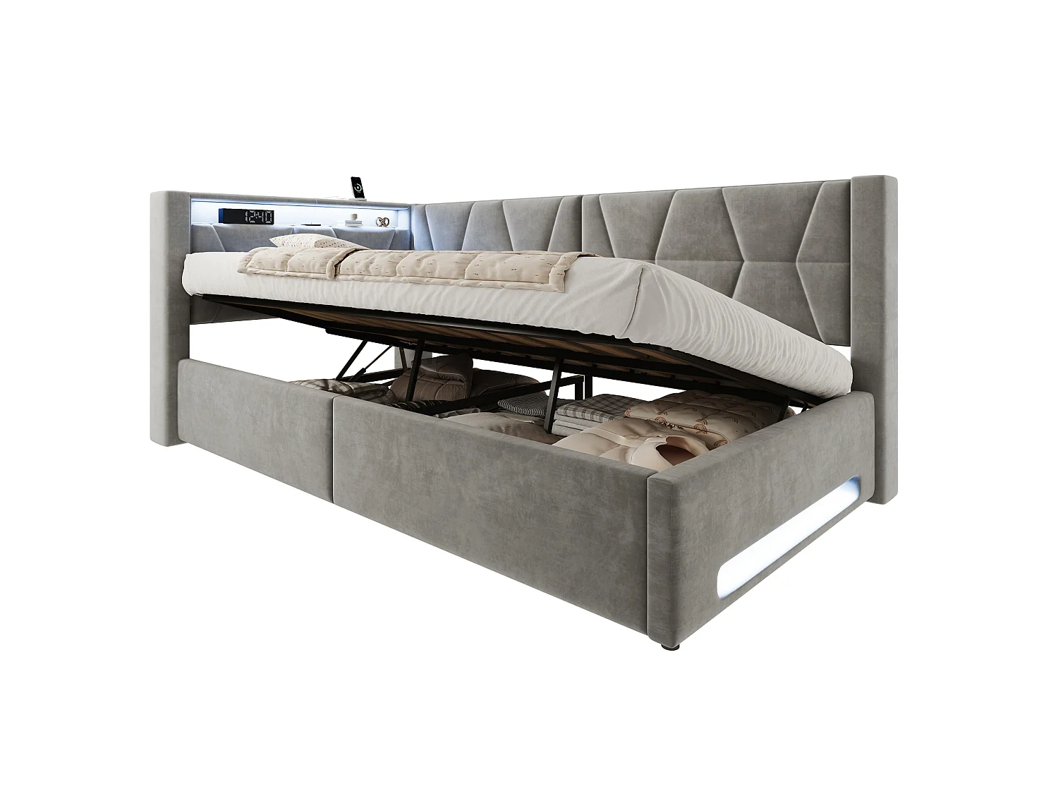 Bettkastenbett 90x200 cm aus dunkelgrauem Velours, LED-Kopfteil mit USB- und USB-C-Anschlüssen, Lattenrost, ohne Matratze