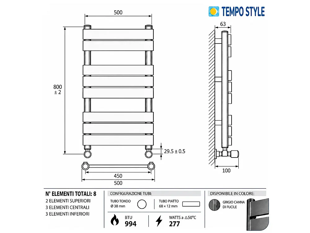 Tempo Style - Heated Towel Rail 800x500mm | 277W | Designer Radiator 994 BTU, 8 Elements (2+3+3) - Gunmetal