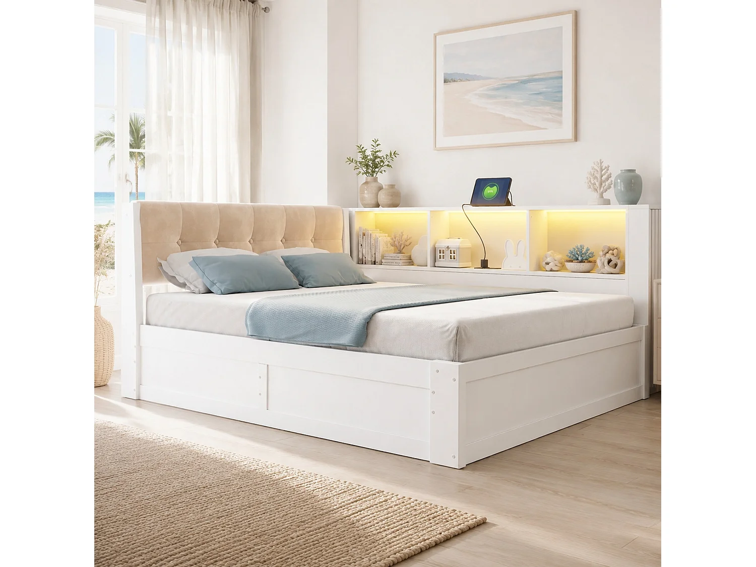 Stauraumbett 140x200 cm weiß Holz, dimmbare LED, USB, Regal, ohne Matratze